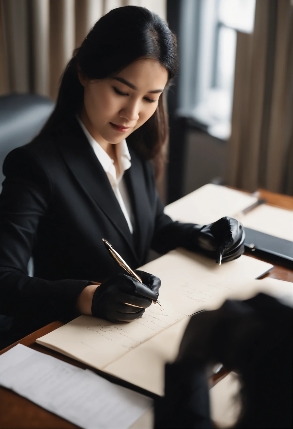 Wearing black leather gloves on both hands, Upper body, Black business suit, Facing a desk in a modern study in the dark, Looking down, Smiling, Use a fountain pen to write a letter, long, Straight black hair, Japan female new employee with young and cute face (Black leather gloves cover both hands)