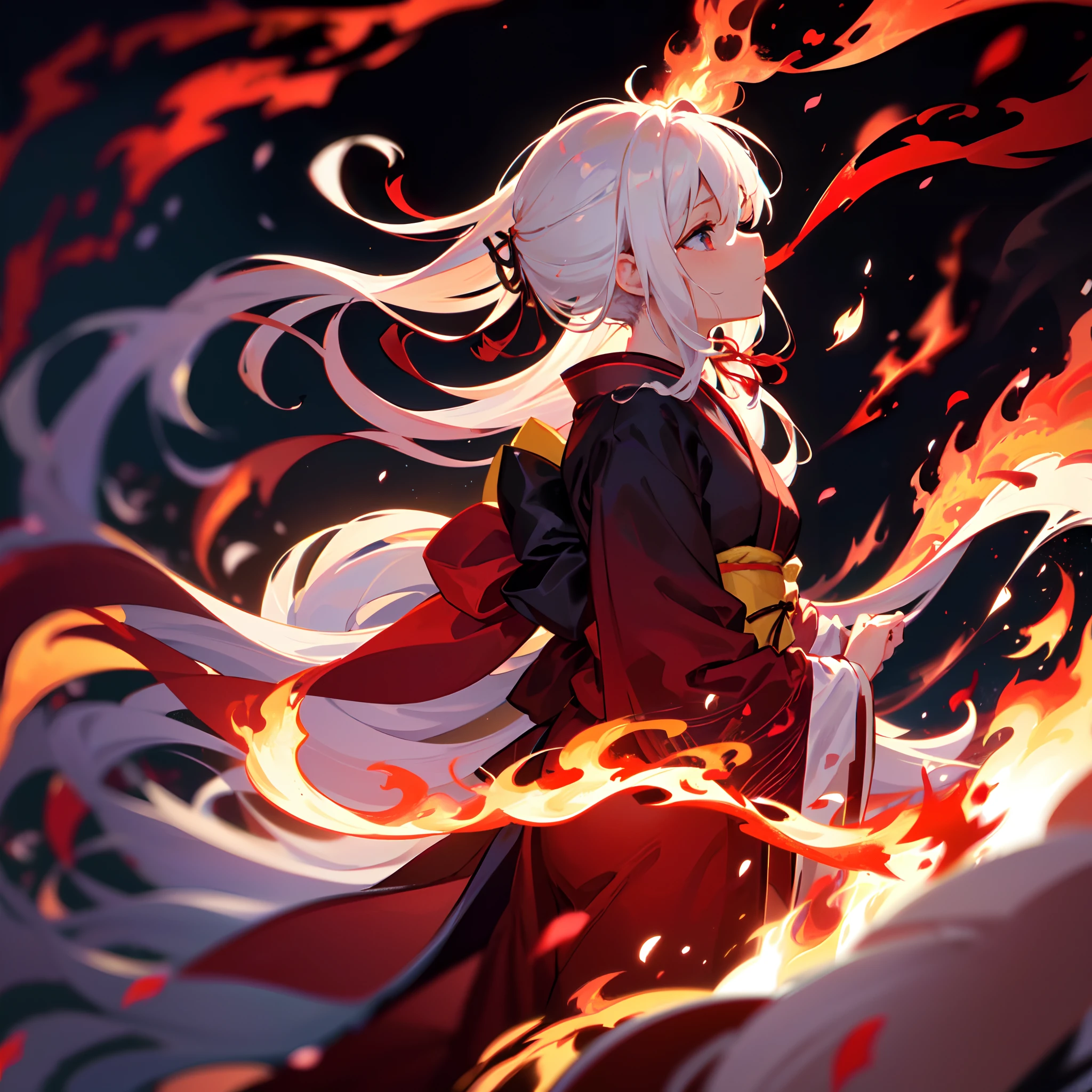 ((solo)), ((close-up side profile)) of a girl with (eyes closed), ((head tilted up)), white hair that is tied up, flowing hair, (burning flowers, fire), (lots of floating petals and flowers, motion blur), (black kimono, (red ribbons)), flowing cloth, (((red flames in background))), ((strong wind)), masterpiece, extreme details
