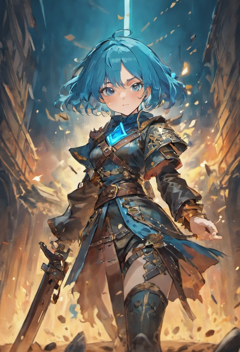 Blue-haired pirate woman in leather armor with medieval pistol and sword in hand
