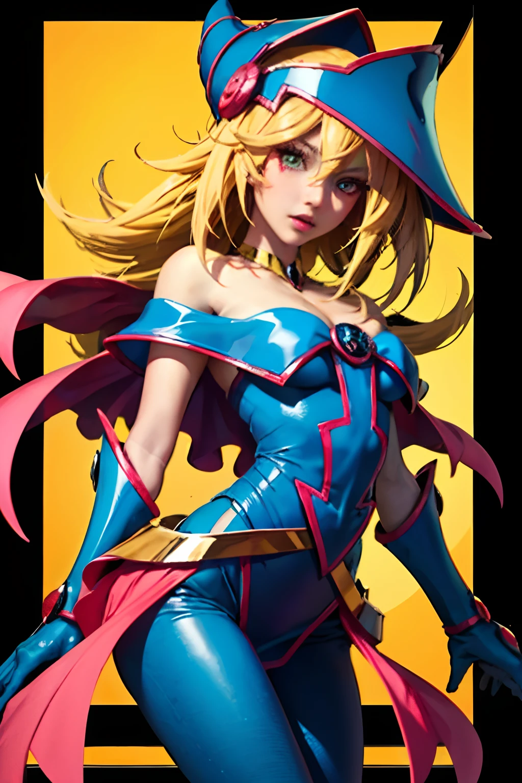 Hermosa maga oscura (obra maestra: 1.2, La mejor calidad), (1 , solamente), grandes senos, (Dynamic posture), (piel brillante, crimson red skin), crimson red skin, Dark Magician Girl Demon Version Sezy, piel roja, Guantes finos y de encaje, ( small demonic horns:1.1), (Lilith \(Darkstalkers\)), (cielo), fleco, (jewely, Adorno dorado:1.15 ), pelvis grande, azul (pantys:1.1) Dark Magician Girl Sexy Demon Version. Magic circle and magical hearts
