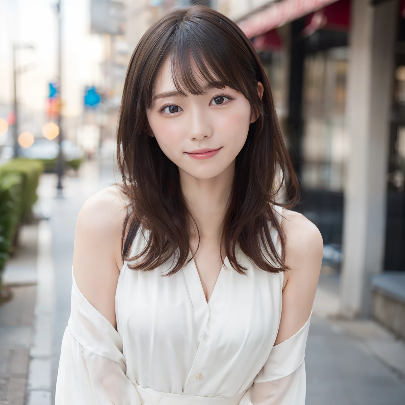 in 8K,Best Quality:1.4, 超A high resolution:1.5, (Photorealistic:1.4),masterpiece:1.2,(top-quality:1.4)、 Raw photo、 (the background is blurred), 1日本人の女の子, Cute, (Solo:1.4), (Shy smile), Smooth skin、 (Brown medium hair,Bangs),nogizaka,Supple fingertips,Beautiful black eyes、dual、natural skin textures:1.3, realistic eyes and face details:1.7、middlebreasts、during daytime、Toned buttocks:1.5、gazing at viewer,The photographer is3mpostpone, Upper body:1.8,(detailed hairs:1.1), (Detailed eyes:1.1)、cute little、Dating scene、Dating Men、I am a girl、Date Clothes、Cute clothes