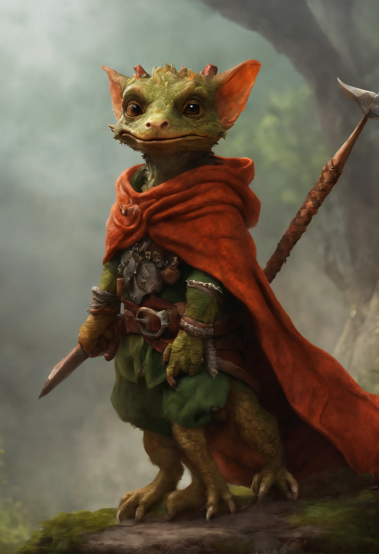 (((by Zackary911, by Kenket, by Kilinah))), solo male, bright orange skin, orange scales, (((Kobold)), (detailed kobold)) wearing a red cloak with a hood, green gem on the collar, bandaged thighs and bandaged chest, muscular toned, wearing full armour, squirrel ears, kobold tail, messy hair, front view, looking at the observer with an embarrassed smile, blush, holding a sword, perspective, finely detailed paws,