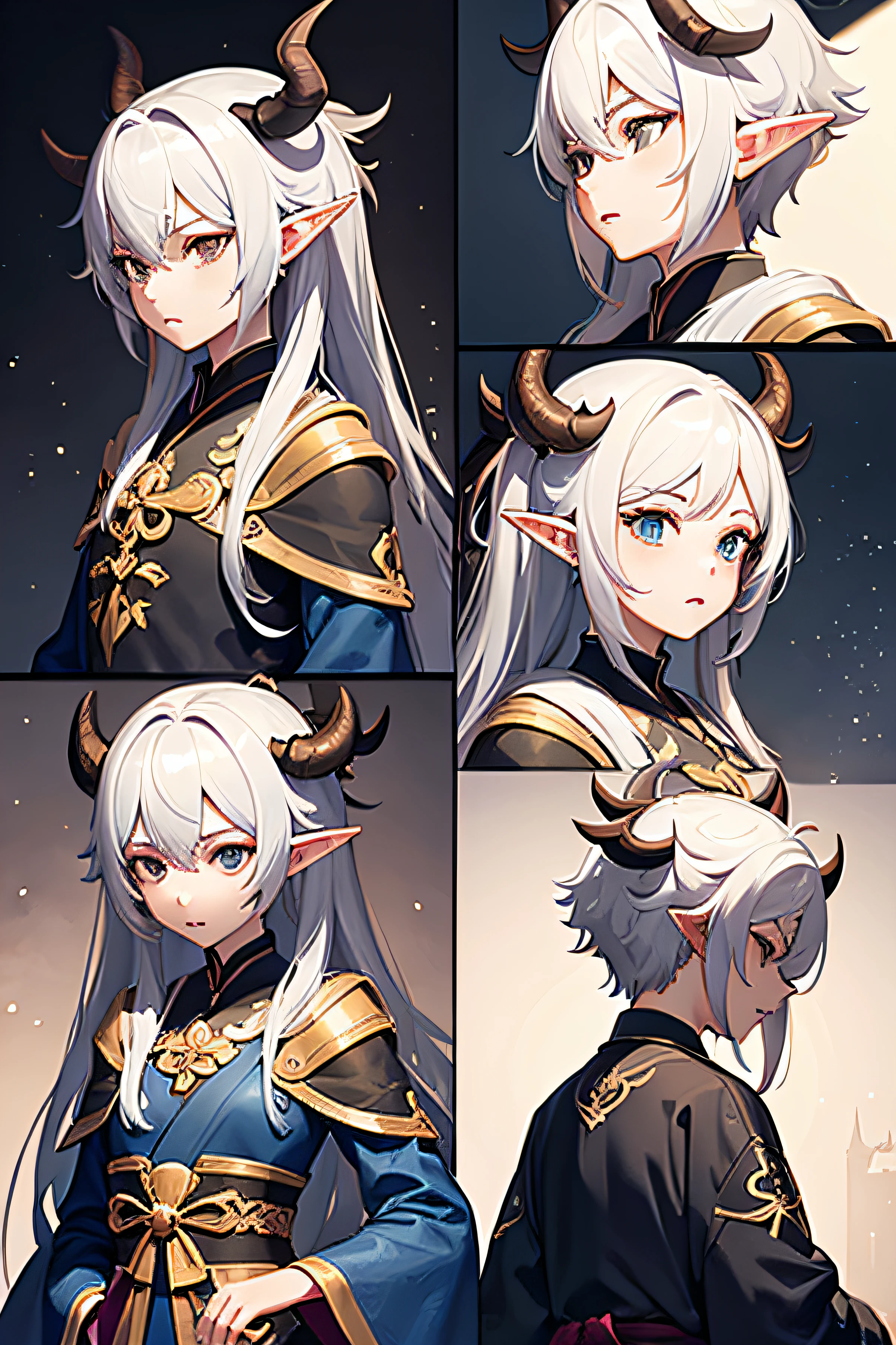 front and back profile of a with horns,wings, tail of a dragon, his feet have claws, long elf ears, intricate costume design, exaggerated expressions, cute expressions, manga inspired, cute, genshin impact inspired, character design, no watermark, --niji 5, femboy, pretty, hanfu, by yang j, epic exquisite character art, by fan qi