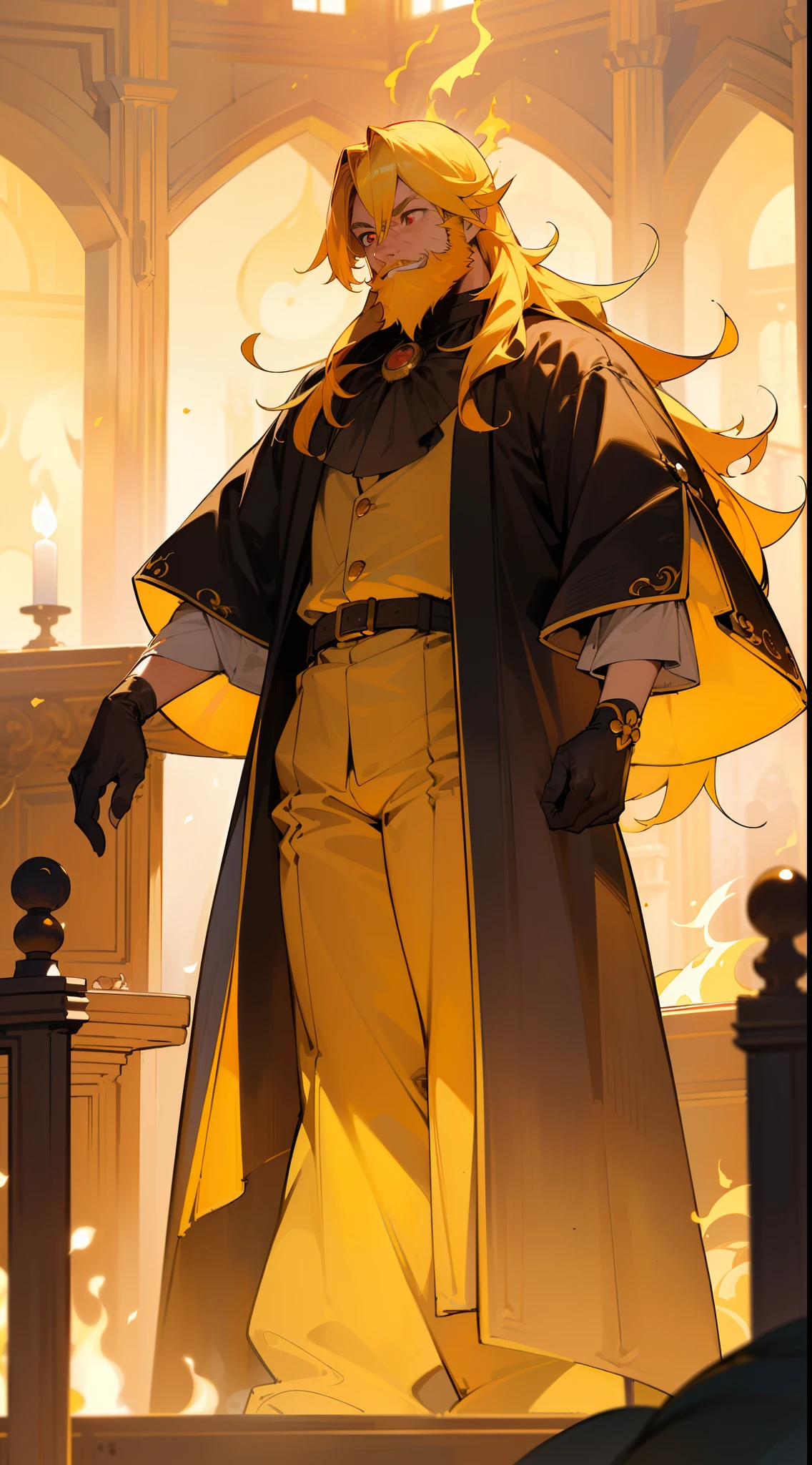 (Original Character,8k, Masterpiece, Best Quality,Detailed, Beautiful Detailed Eyes, solo),1man,solo,60s,happy face,black magician outfit,(((yellow hair,yellow beard))),long hair,((red eyes,burning body,burning hair,fire body)),((standing in a room in castle))