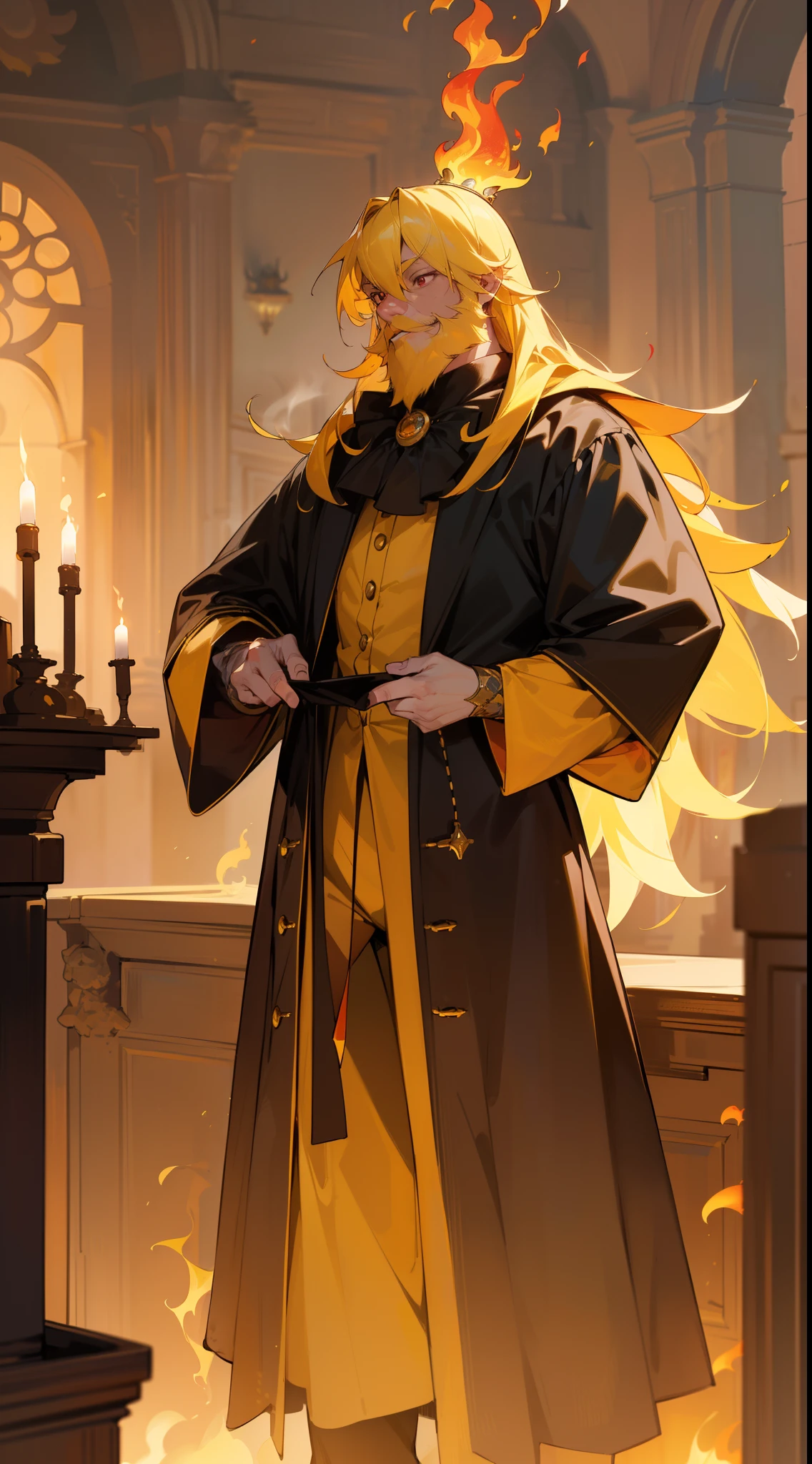 (Original Character,8k, Masterpiece, Best Quality,Detailed, Beautiful Detailed Eyes, solo),1man,solo,60s,happy face,black magician outfit,(((yellow hair,yellow beard))),long hair,((red eyes,burning body,burning hair,fire body)),((standing in a room in castle))