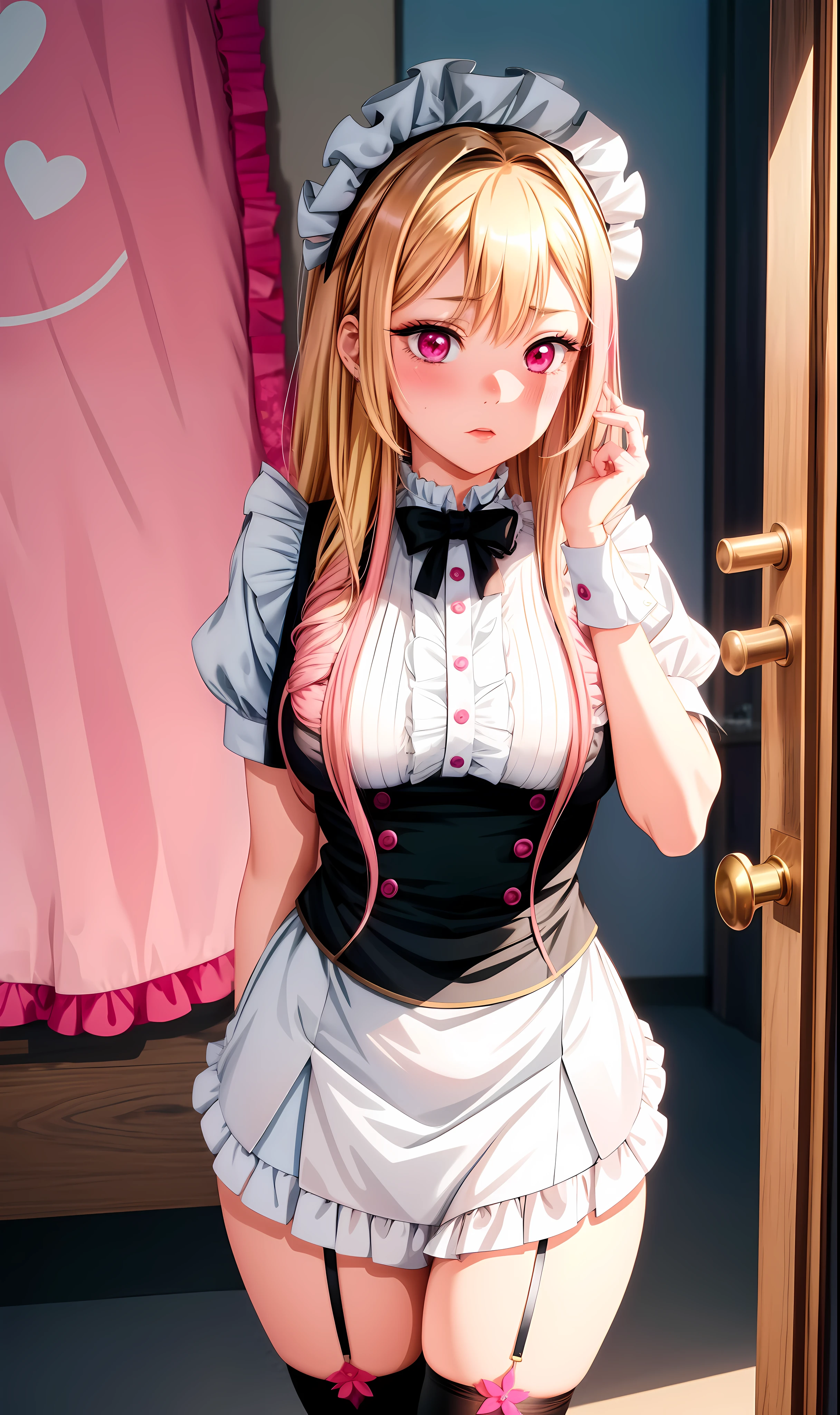 realistic, 1girl, blonde hair, multicoloured hair, pink eyes, black maid uniform, stockings, blush, background grand room