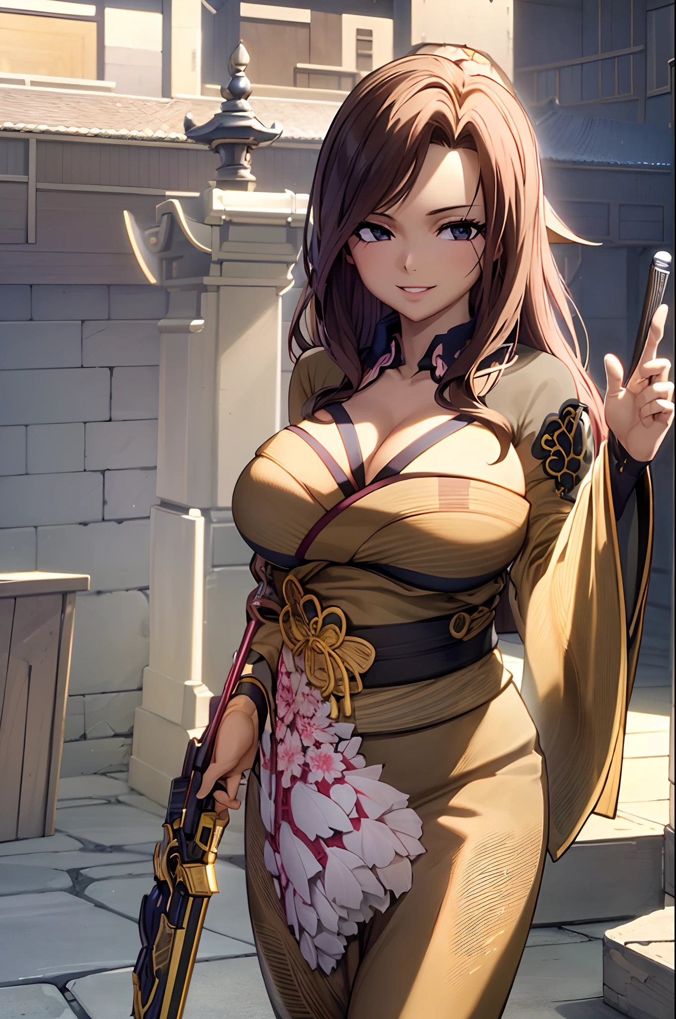 masterpiece, high quality, 8k, best qualitymasterpiece, cinematic lighting, in front of the temple, wear a kimono, cleavage, big boobs, extremely detailed CG unity 8k wallpaper, canarnd, 1girl, mature female,smile, parted lips, looking at viewer,