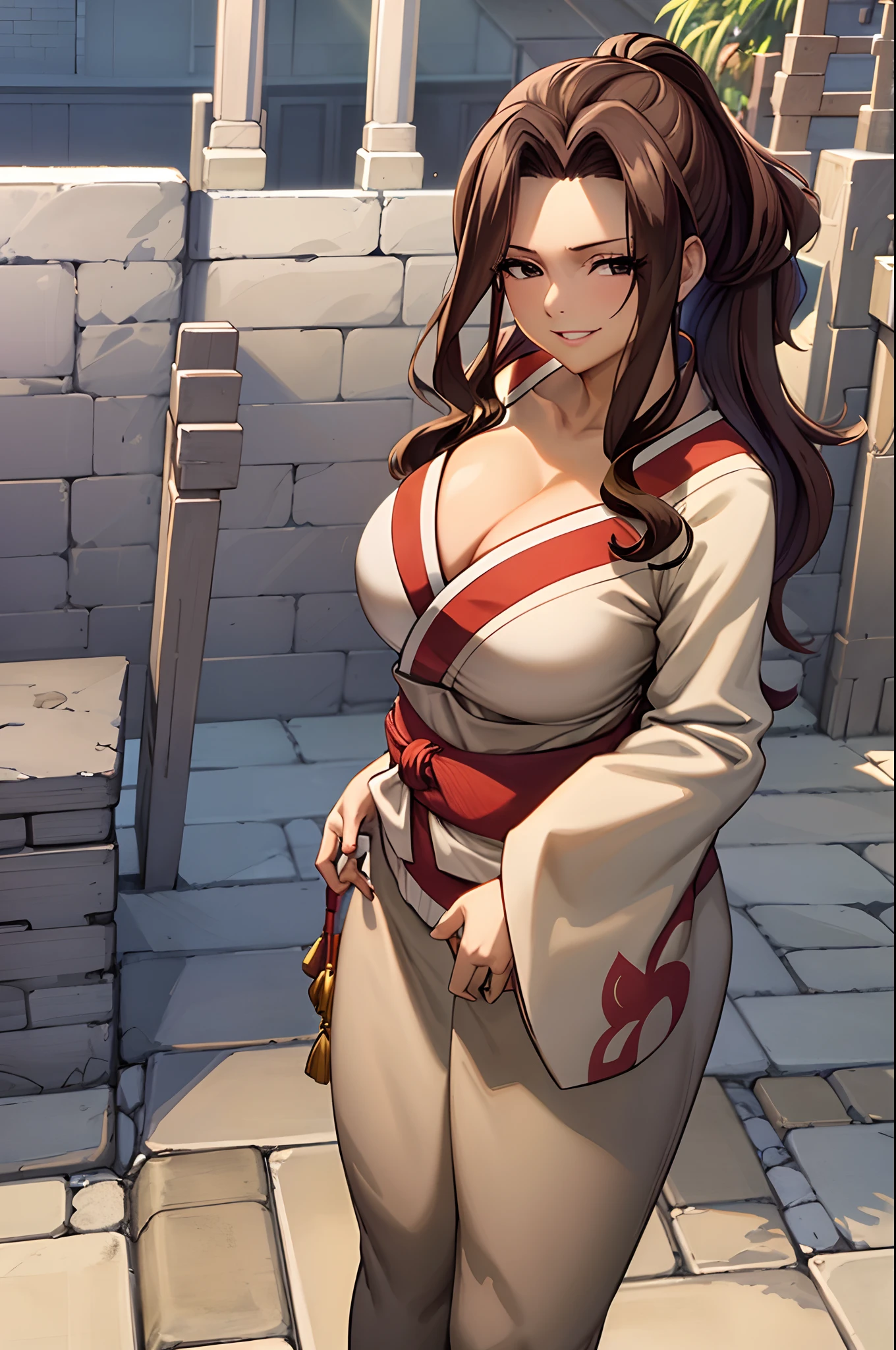 masterpiece, high quality, 8k, best qualitymasterpiece, cinematic lighting, in front of the temple, wear a kimono, cleavage, big boobs, extremely detailed CG unity 8k wallpaper, canarnd, 1girl, mature female,smile, parted lips, looking at viewer,