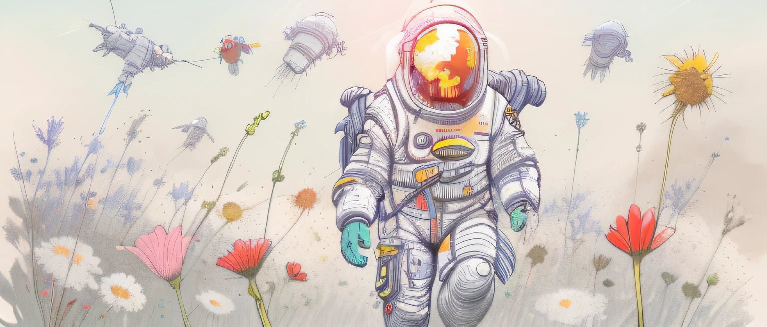 Illustration of a man in a space suit walking through a field of flowers, sci - fi illustrations, sci-fi illustrations, arte sci-fi detalhada, sci - fi illustration, sci-fi illustration, Sci-Fi Digital Art Illustration, arte scifi premiada, muitas flores mech, Sci - Arte Fi, arte sci-fi, bela arte sci fi