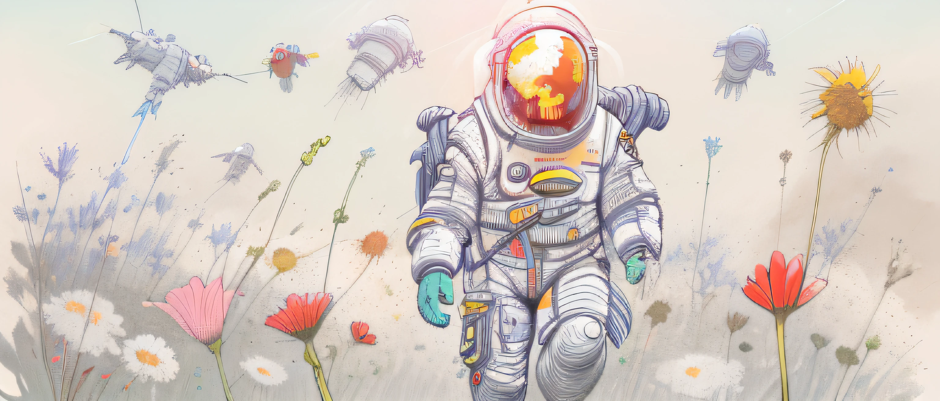 Illustration of a man in a space suit walking through a field of flowers, sci - fi illustrations, sci-fi illustrations, arte sci-fi detalhada, sci - fi illustration, sci-fi illustration, Sci-Fi Digital Art Illustration, arte scifi premiada, muitas flores mech, Sci - Arte Fi, arte sci-fi, bela arte sci fi