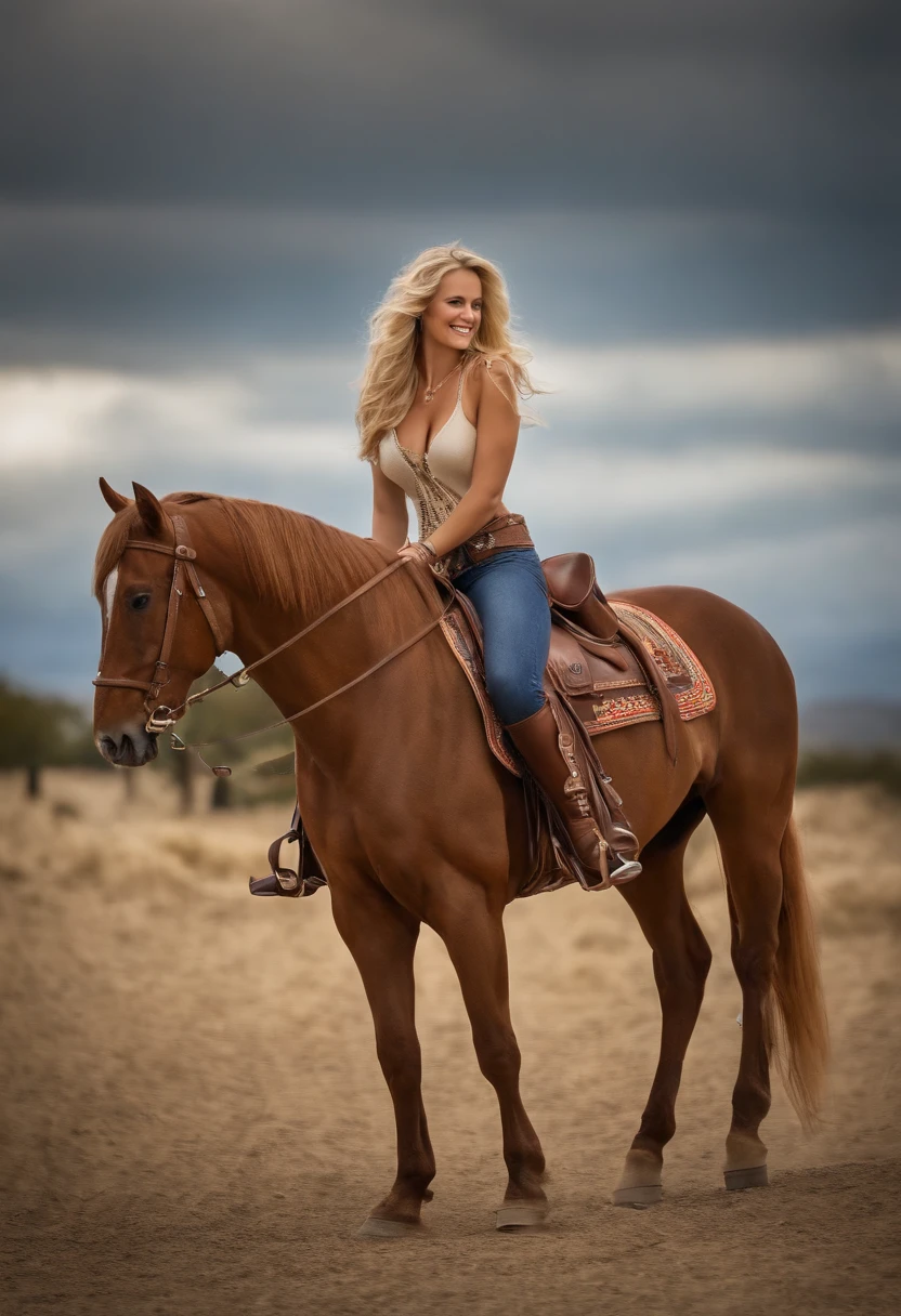 (cheval:1.3), pantalon, Tir de cowboy, 1fille, cheveux blonds, cheveux longs, Yeux verts, seulement, Ahoge,taille, Bottes, sourire, nombril,ceinture, clivage, CASSER,