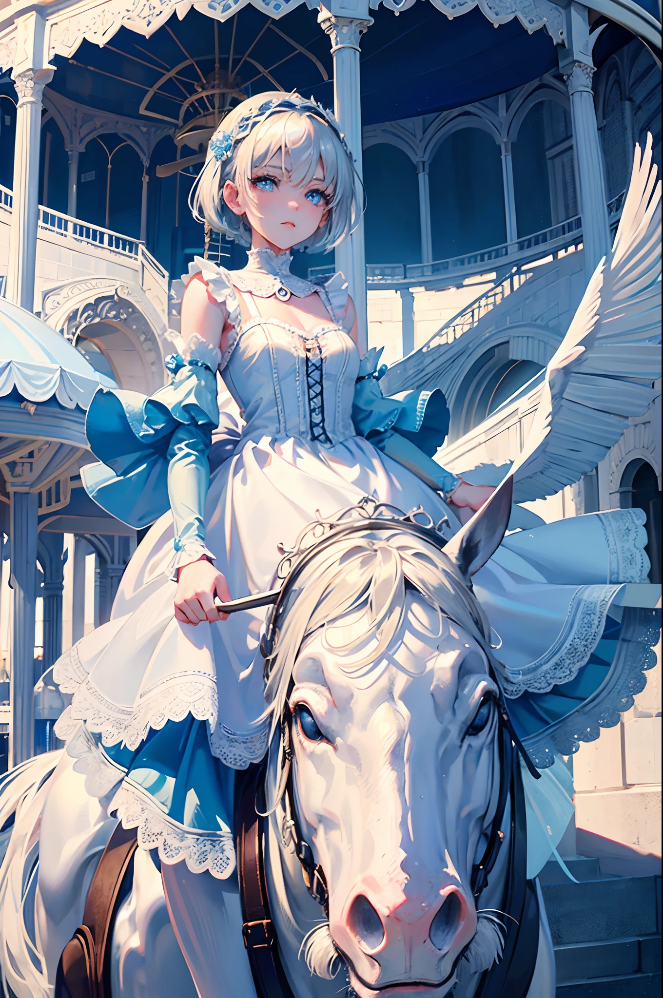 teens girl　　short silver hair　blue eyess　white lace dress　An amusement park　Riding the merry-go-round　​masterpiece　Top image quality　Clear　cinematic shadow　Increased attractiveness of the eyes　Clear the shine of the eyes　Draw eyelashes neatly　Perfect Eye　A detailed eye　Sharpen image quality　Sharpen eye writing　Clear eye shape