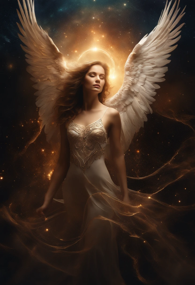 cosmic fallen angel, olhos claros brilhantes, Biomechanicals, estranho, assustador, Pesadelo, cores muito brilhantes, light particles, com luz brilhante, Mshiff, Arte do papel de parede, Papel de parede UHD