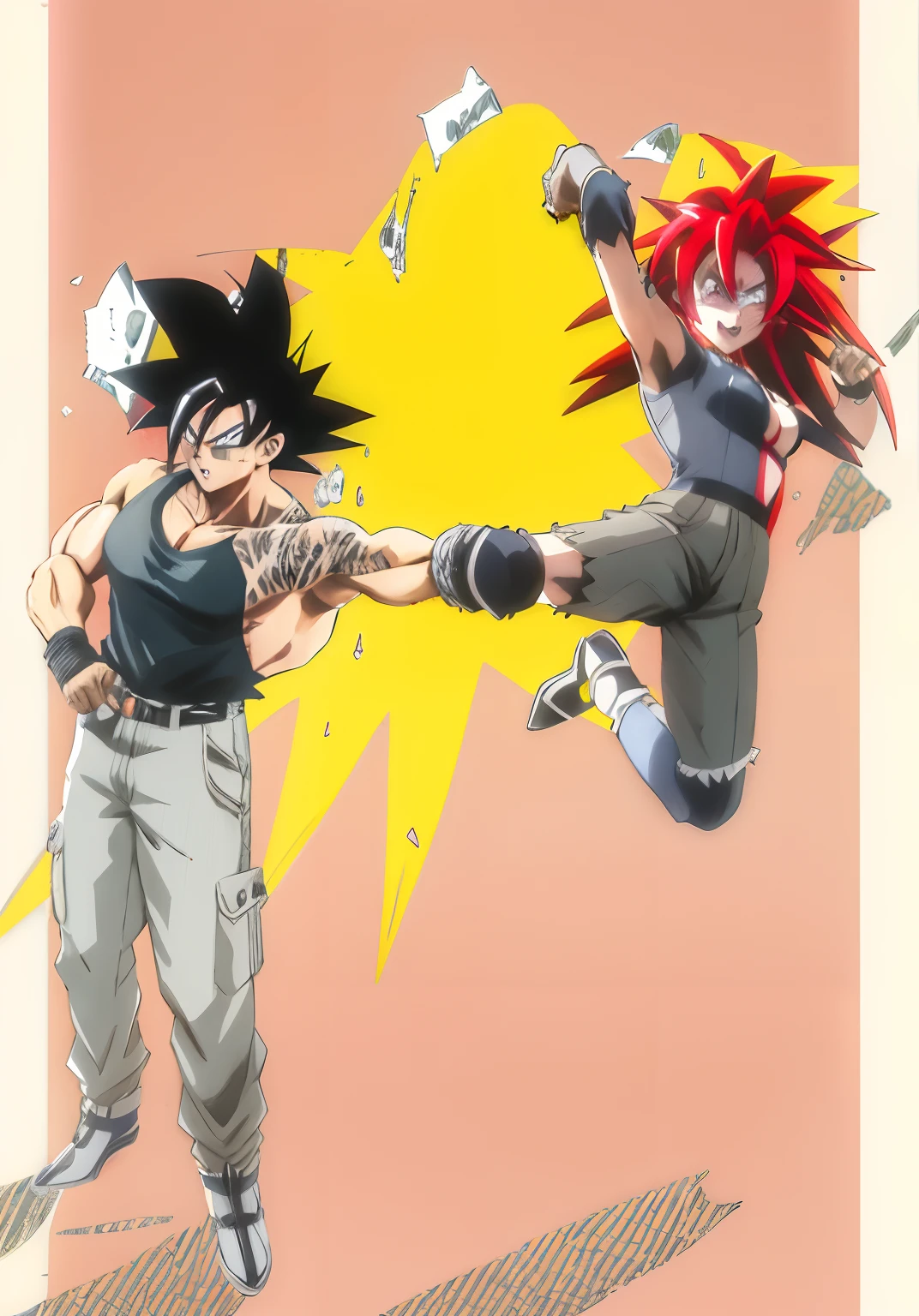 Anime characters fight each other in a cartoon style, estilo Dragon Ball, Escuela secundaria dxd, Chica Saiyajin, Son Goku sonriendo, Rias Gremory face perfect blue eyes, en estilo anime, Fanart de alta calidad, epic anime style, Solo estilo anime, Fan Art,