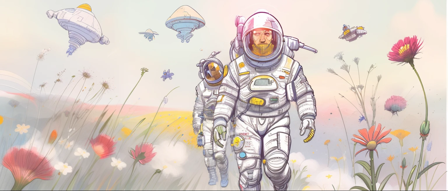 Illustration of a man in a space suit walking through a field of flowers, sci - fi illustrations, sci-fi illustrations, arte sci-fi detalhada, sci - fi illustration, sci-fi illustration, Sci-Fi Digital Art Illustration, arte scifi premiada, muitas flores mech, Sci - Arte Fi, arte sci-fi, bela arte sci fi