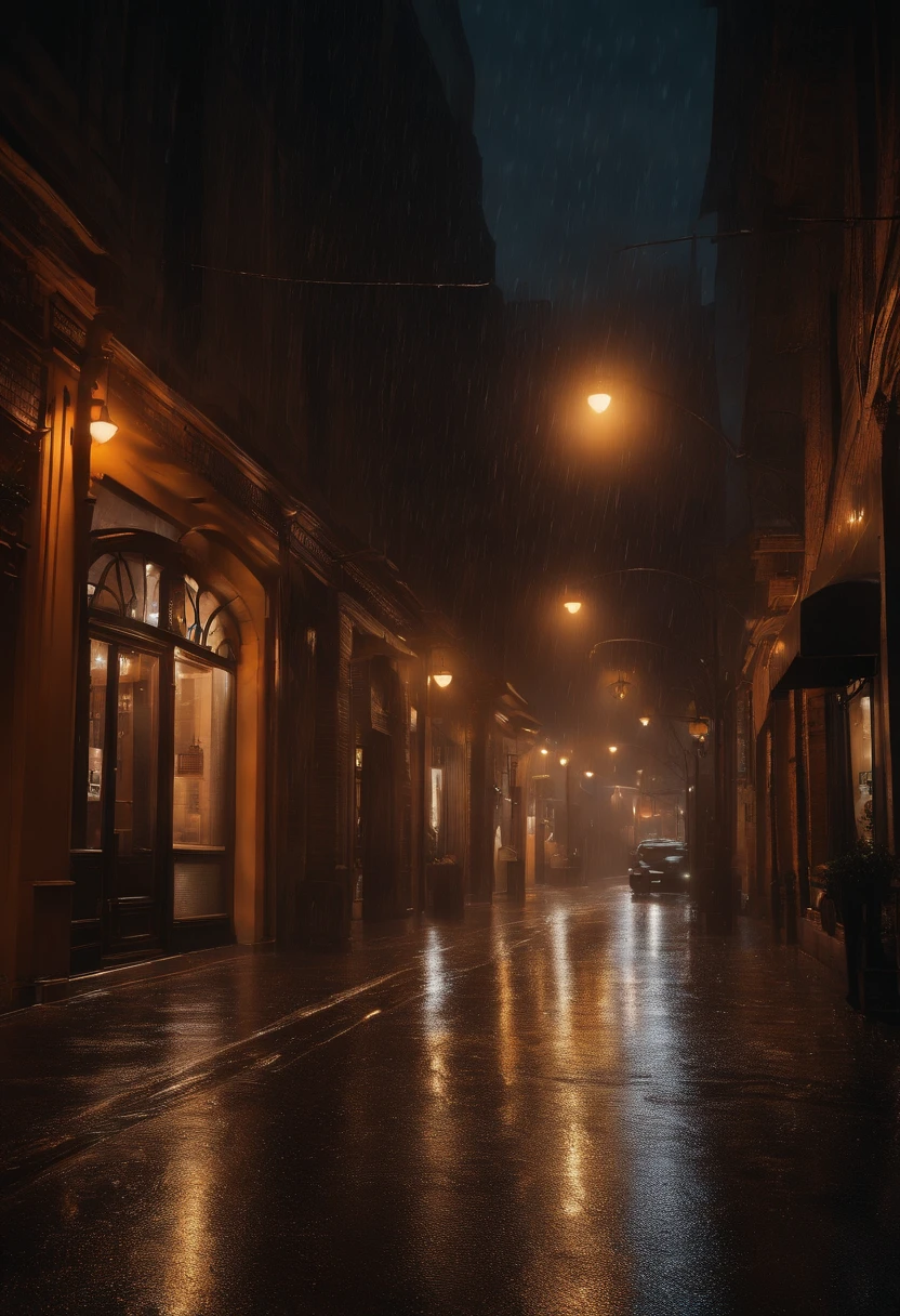 It's a cloudy night sky with heavy rain pouring down on a deserted street. The scene is captured using ray tracing technology, ensuring realistic lighting and shadows. The image is of the highest quality, with ultra-detailed elements and a photorealistic appearance. The raindrops glisten as they fall, reflecting the lights of the city. The wet pavement reflects the neon signs and street lamps, creating a vibrant and atmospheric environment.