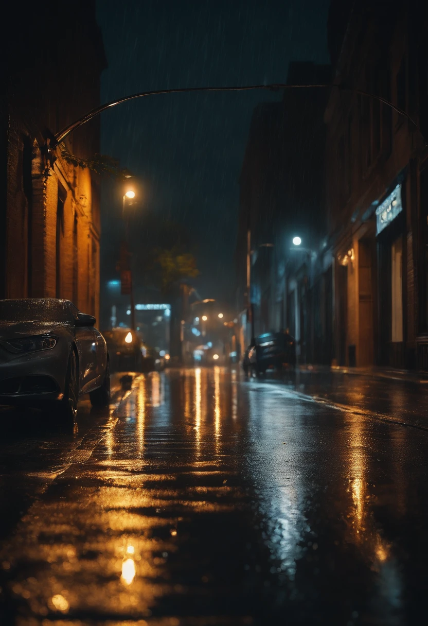 It's a cloudy night sky with heavy rain pouring down on a deserted street. The scene is captured using ray tracing technology, ensuring realistic lighting and shadows. The image is of the highest quality, with ultra-detailed elements and a photorealistic appearance. The raindrops glisten as they fall, reflecting the lights of the city. The wet pavement reflects the neon signs and street lamps, creating a vibrant and atmospheric environment.