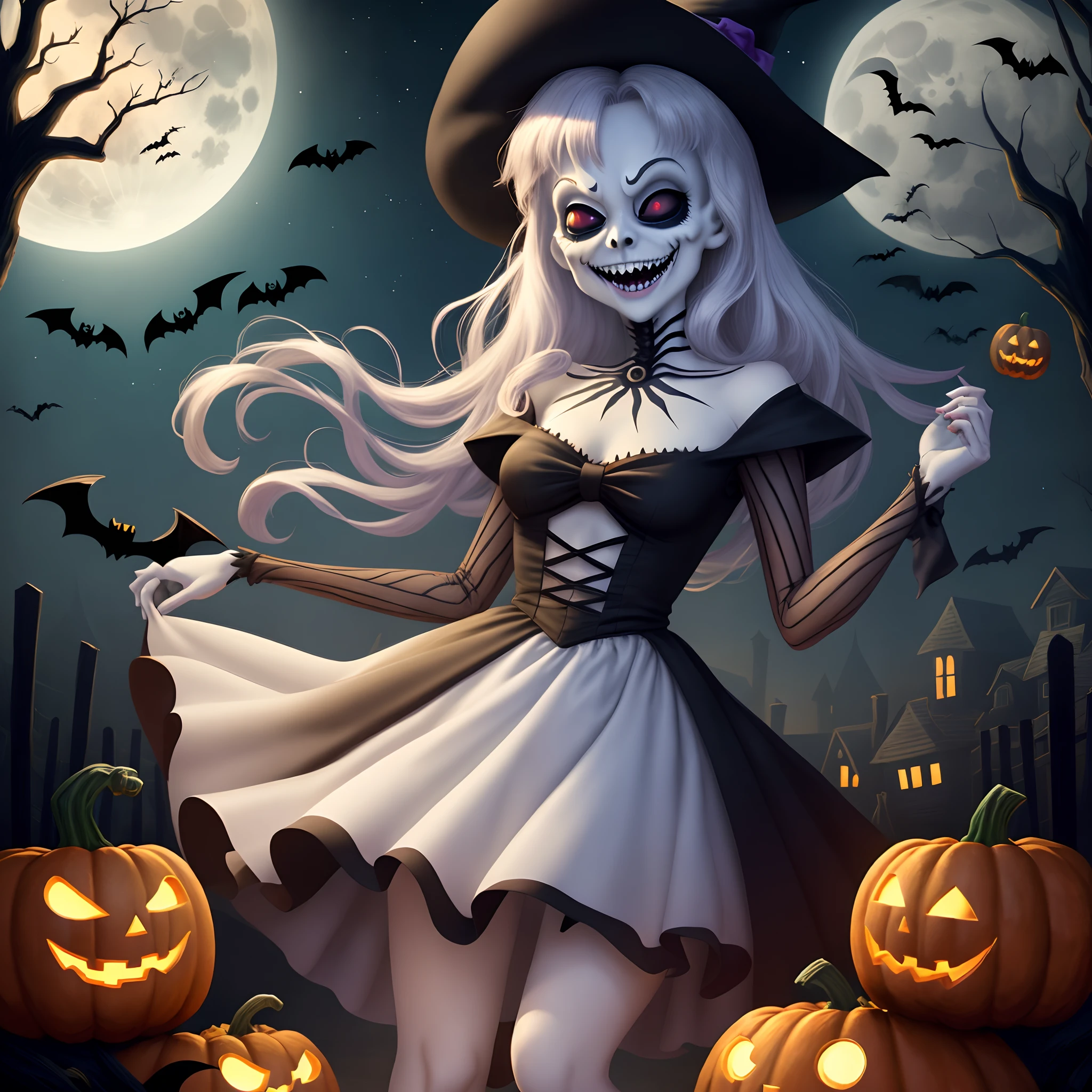 Jack Skellington, Laughing, Evil, Halloween Town, pumpkins, the bats, Moonlight,