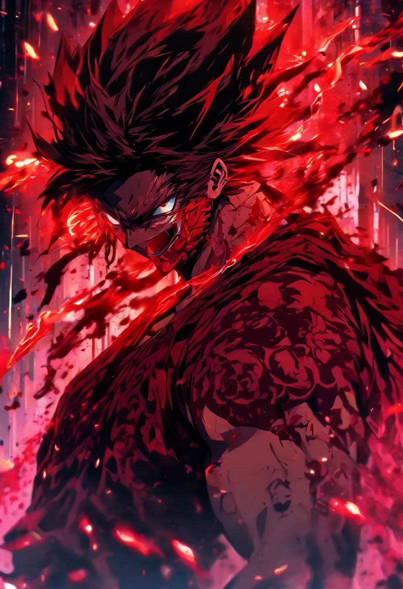 (best quality, highres, ultra-detailed, realistic:1.37), close-up portrait of a handsome man, with bright, shining red eyes emitting a black smoke-like aura, cat-like black pupils, spiky snow-red hair that is highly defined and super detailed