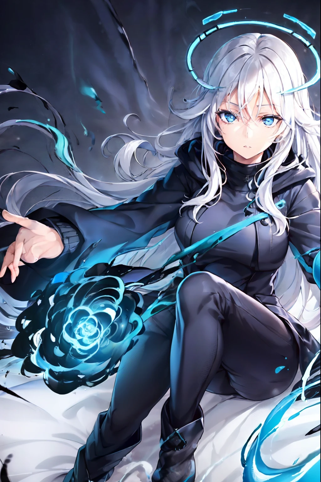 (1girl:1.5),(blue eyes:1.4), constricted pupils, white hair, solo, hair between eyes, long hair, halo, black jacket, black pants, black boots, (cursed energy:1,0), (blue aura:0.75), dark blue aura, flowing magic, turtleneck