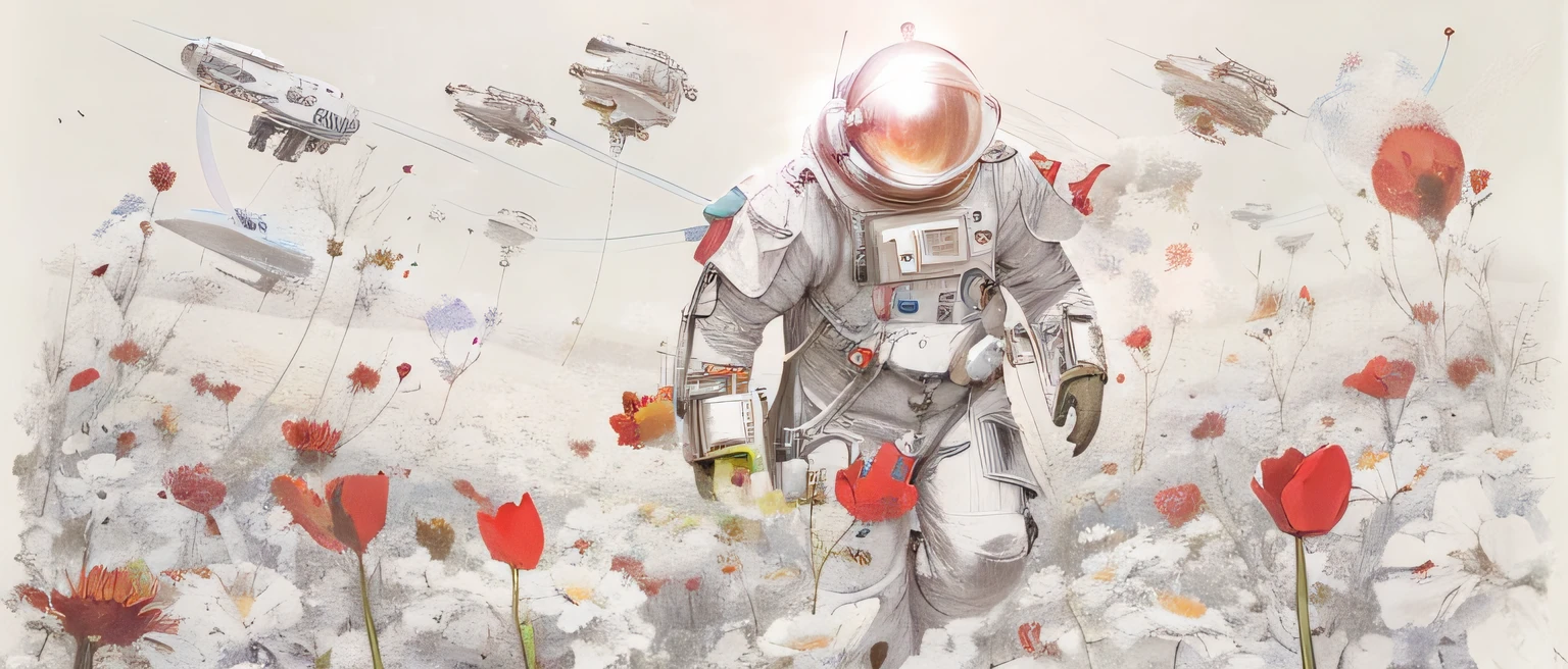 Illustration of a man in a space suit walking through a field of flowers, sci - fi illustrations, sci-fi illustrations, arte sci-fi detalhada, sci - fi illustration, sci-fi illustration, Sci-Fi Digital Art Illustration, arte scifi premiada, muitas flores mech, Sci - Arte Fi, arte sci-fi, Directed by: Adam Marczyński