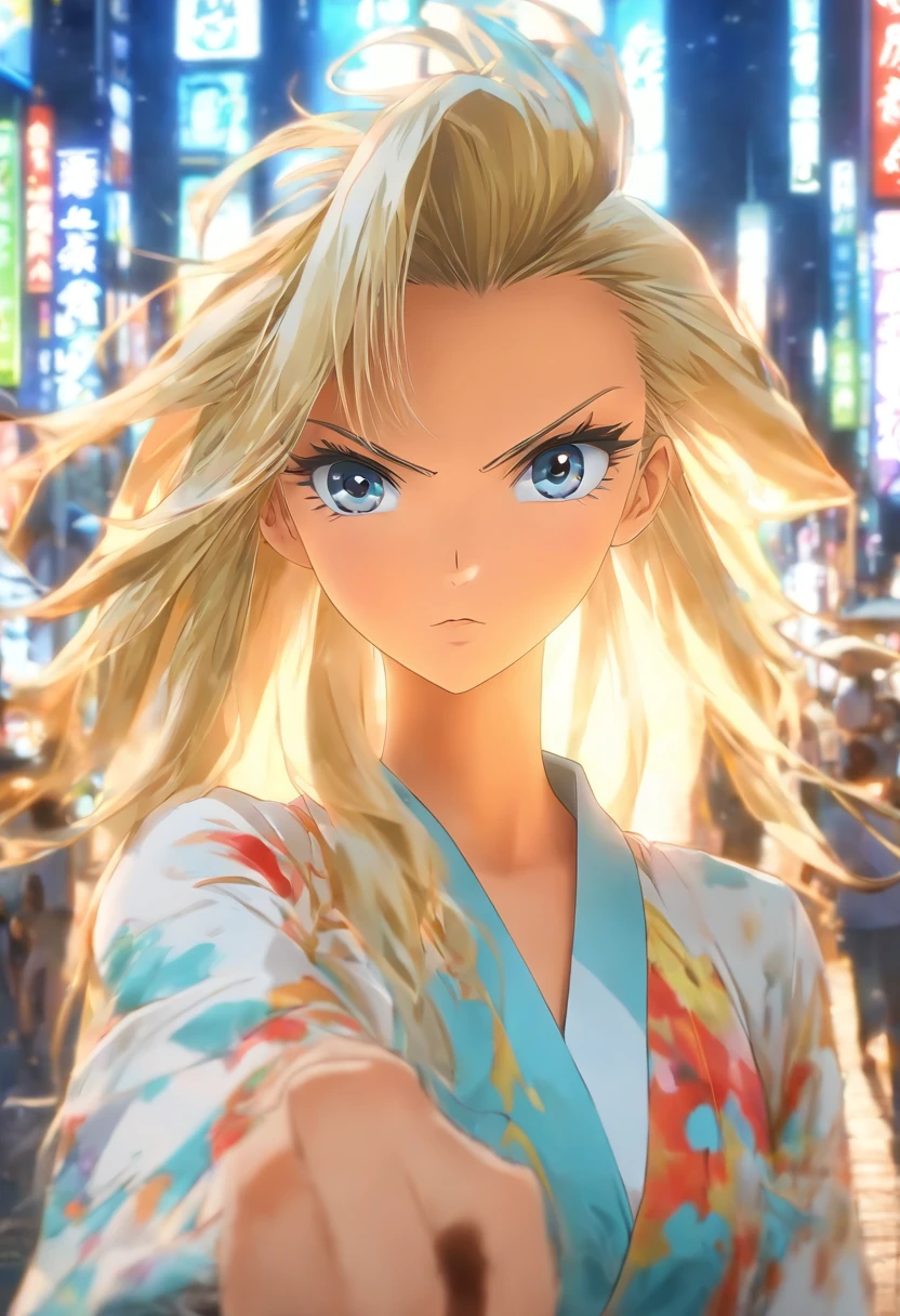 Meisterwerk, best quality, 8K, Photographic reality, realistisch, Oktan-Rendering, Busy city streets of Japan (1 Frau: 1.4), (Nur eine Frau auf dem Bildschirm: 1.3), (white shirt), (langes goldenes Haar), (Hüfter Wickelrock), (blaue Augen) Upper body display