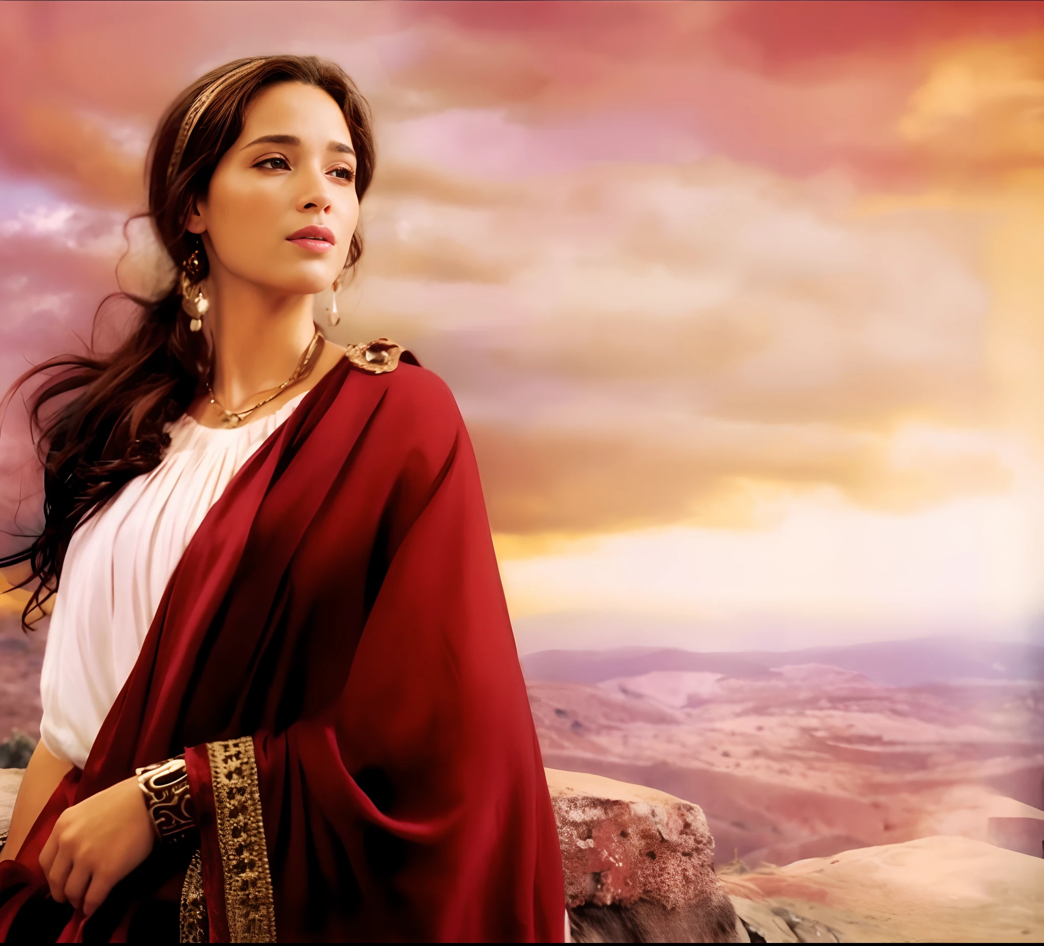 imagem arafed de uma mulher em uma capa vermelha e uma camisa branca, Mulher judia bonita, deusa bonita, Emilia Clarke como uma deusa grega, mulher linda, master part! Retrato de Arwen, Princesa Libu antiga, majestosa mulher de santo, Retrato de Emily Blunt como rainha, totalmente vestido com vestes vermelhas, arab young monica belluci, Deusa Romana