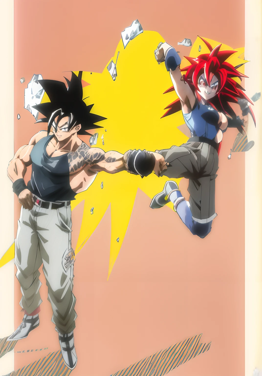 Anime characters fight each other in a cartoon style, estilo Dragon Ball, Escuela secundaria dxd, Chica Saiyajin, Son Goku sonriendo, Rias Gremory cara perfecta ojos azules, en estilo anime, Fanart de alta calidad, epic anime style, Solo estilo anime, Fan Art,