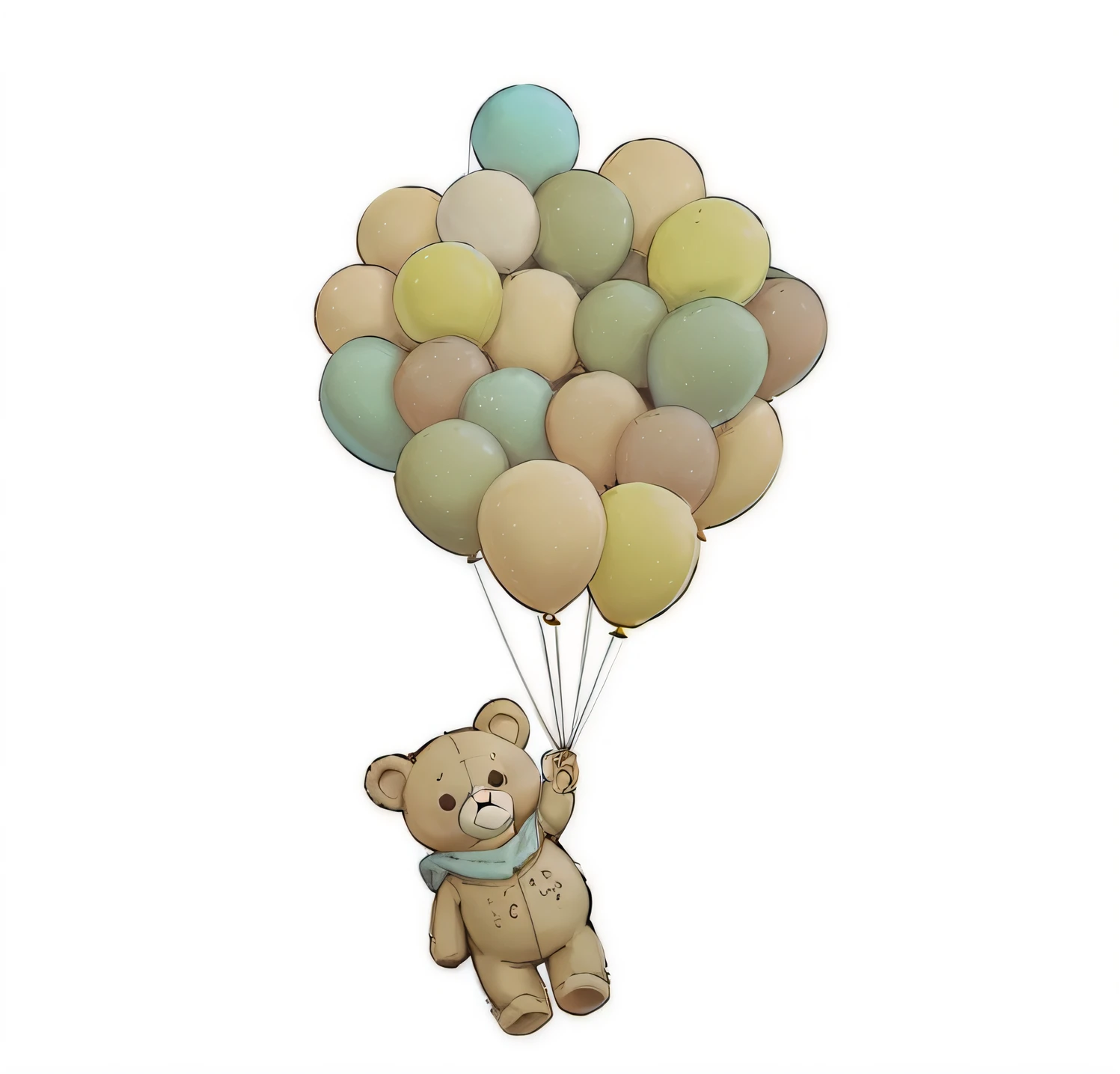 A closeup of a teddy bear holding a bunch of balloons, Globos, Globos, balloon, party balloons, as an air balloon, flutuando para longe, holding a balloon, teddy bear, renderizado, flutuando no ar, teddy fresh, 1024x1024, 2 d, 2D, bom humor, Ursos, flutuando no ar, bonito