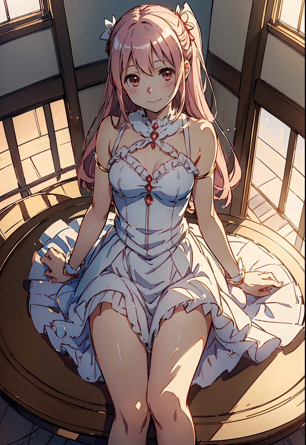 ((Top quality,  super detailed, high resolution, very delicate and beautiful, anime style)),((character_ Puella Magi Madoka Magica,Kaname Madoka)),((seductive smile)),1girl,full body,looking at viewer,from above,classroom,sunlight,clear sky,14years old,small breasts,
