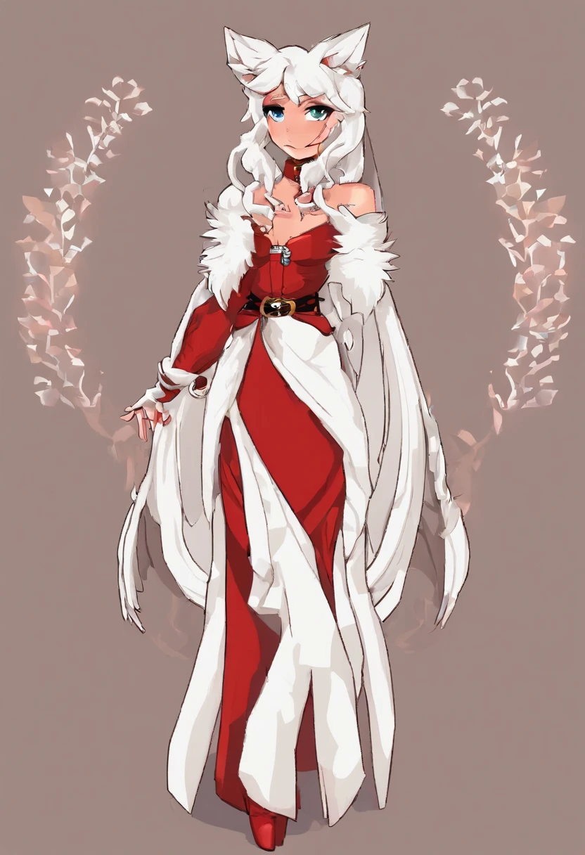 uploaded on e621, beautiful and detailed portrait of a (((feminine))) female anthro , uploaded to e621, ((by Kilinah, (by Coffeesoda:1.1), by Hioshiru, by Kilinah)), cenematic lighting, female wolf, tail, torso, glossy fur, glossy hair, white fur, red dress, normal female body, full body, Red heels