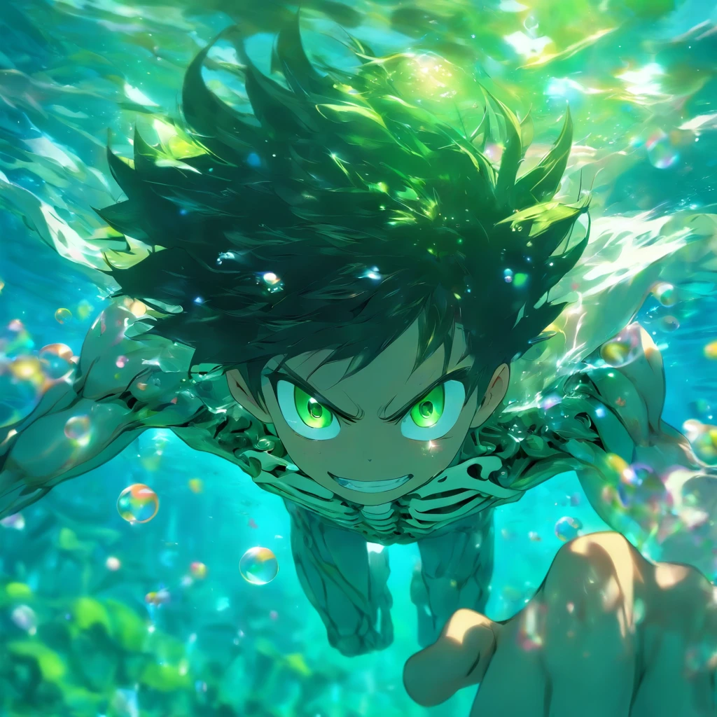 foreshortening, depth of field, masterpiece, best quality, 1boy, black hair, green eyes, short hair, underwater, air bubble, solo, looking at viewer, swimming, dappled sunlight, skeleton body