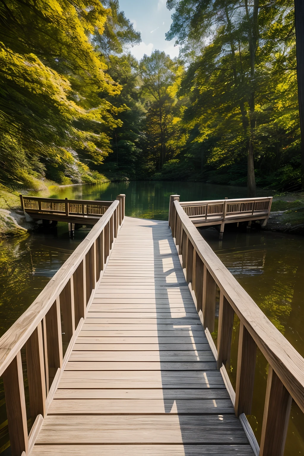 Highly detailed wooden bridge with stairs, leading to a beautiful clear blue lake, (clear photography) sun shining onto the lake, photorealistic, art station, soft pastel colours, highly detailed, intricate, path tracing, illustration, insanely detailed, shadow mapping volumetric light, specular lighting