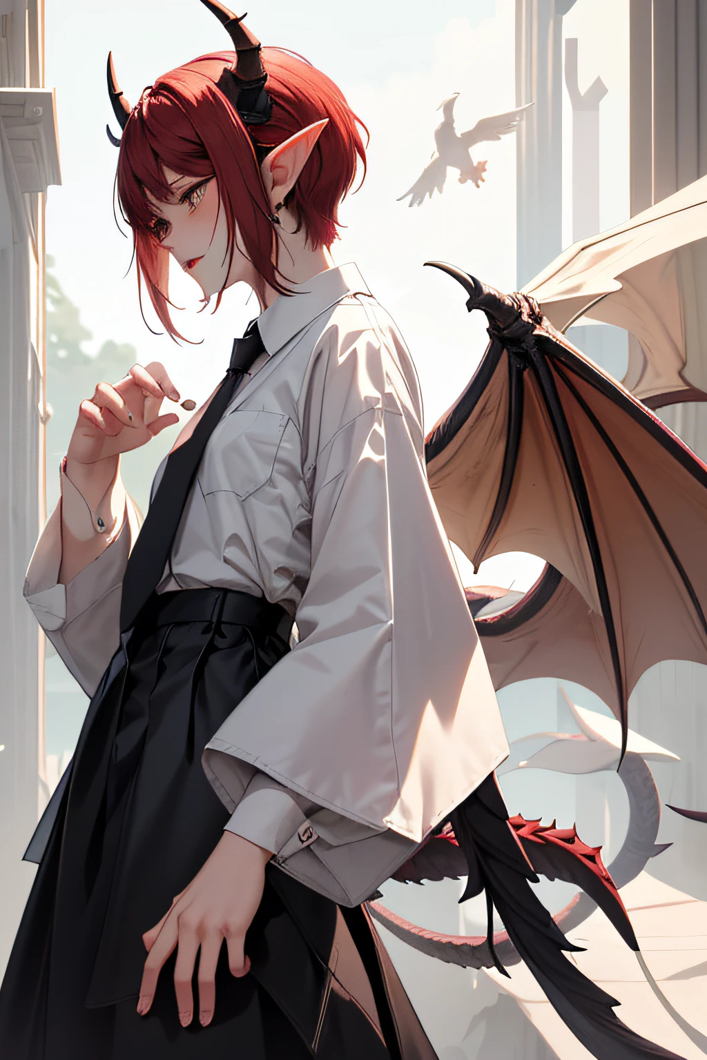 (masterpiece, best quality), 1boy, beautiful face, collared shirt, white shirt, necktie, front and back profile of a small boy with horns,wings, tail of a dragon, his feet have claws, long elf ears, intricate costume design, exaggerated expressions, cute expressions, manga inspired, cute, genshin impact inspired, character design, no watermark, --niji 5, emo style clothing, y2k