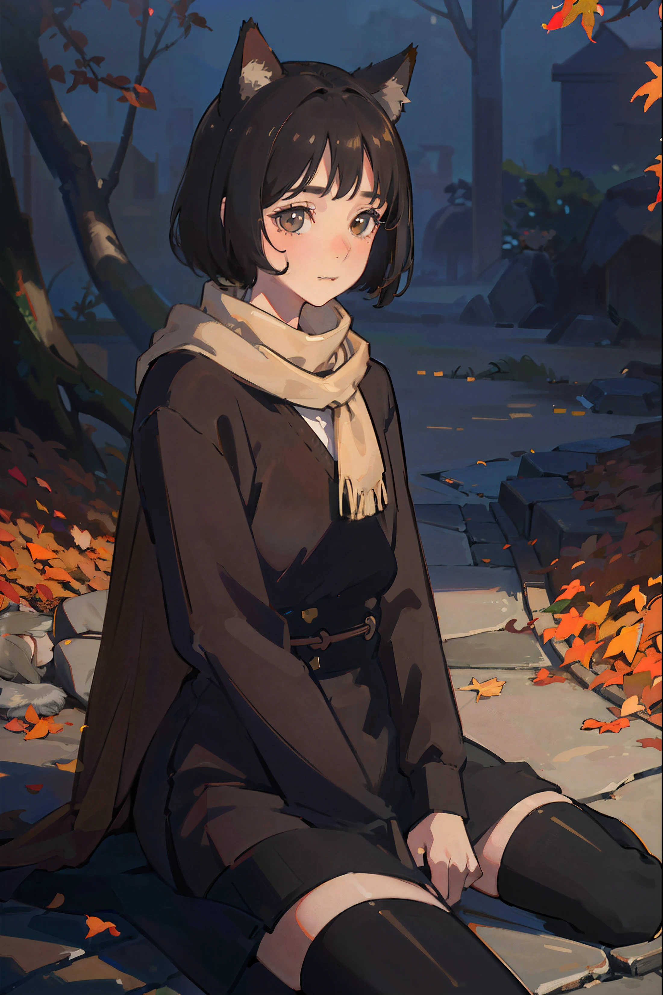 (best quality,4k,8k,highres,masterpiece:1.2),ultra-detailed,(realistic,photorealistic,photo-realistic:1.37),young boy,short black hair,copper colored eyes,black cat ears,yellow scarf,brown coat,shy,mouth covered,no mouth,thick brown coat,cute,slender,small, boy,natural lighting,scenic background,playful expression,soft lighting,delicate facial features,innocent eyes,curious gaze,rustling autumn leaves,morning mist,faint smile,dainty fingers,furry cat ears,warm color palette,golden sunlight,gentle breeze,playful cat tail,subtle shadows,dappled sunlight,serene atmosphere,whispering wind, thigh high socks, feminine, littleshort black hair