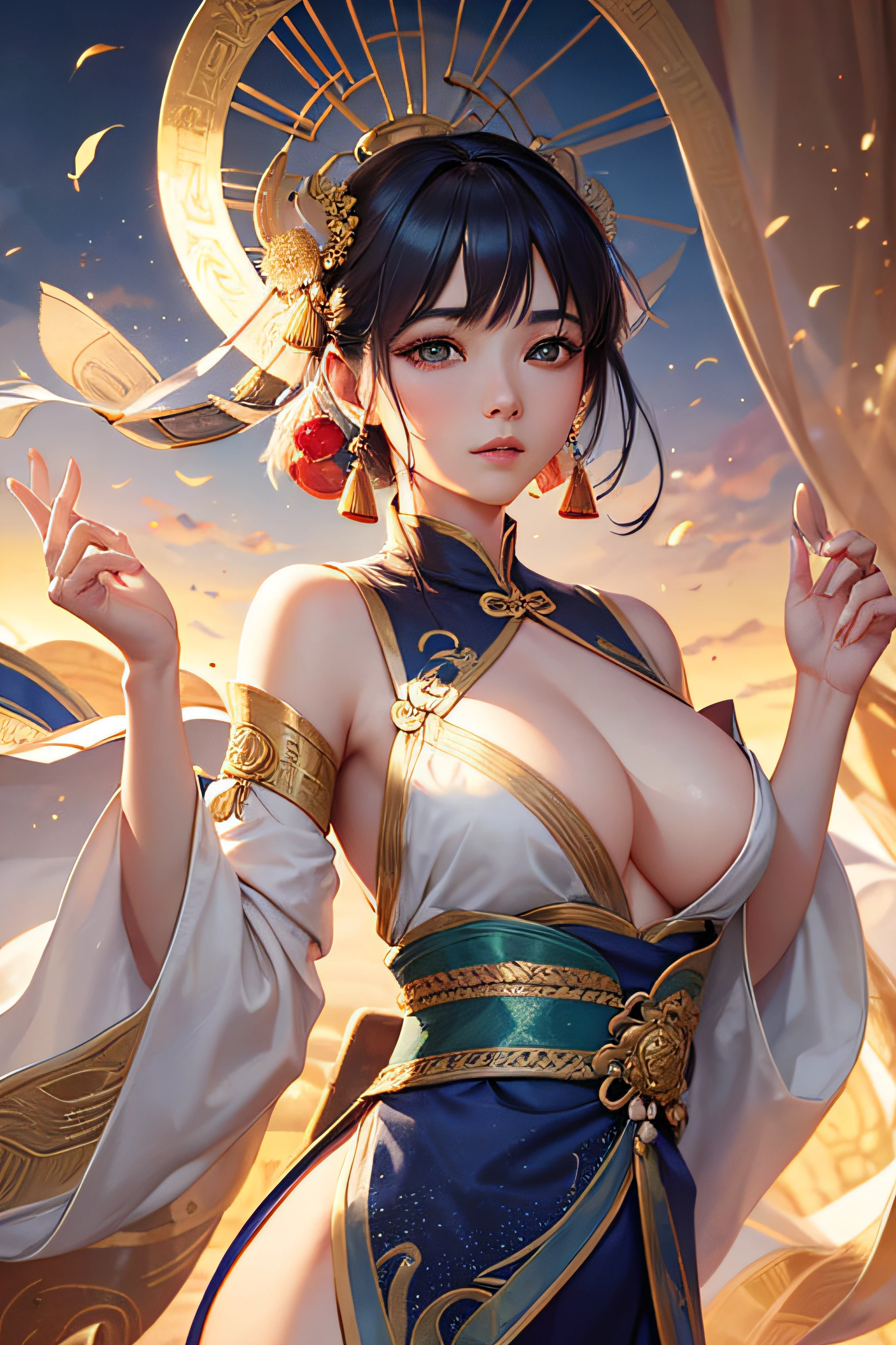 A beautiful dancer in ancient China,delicate lines,gorgeous costumes in ancient China,delicate and vivid,shy face,willow leaf eyebrows,personality depiction,coiled hair,gold leaf,flowing clouds,watercolor,crane surrounding,ink painting,gentle eyes,meticulous, color scheme,exquisite clothing patterns,by Gu, Kaizhi,Zhang Xuan,professional color grading,realistic style,soft shadows,clean and sharp focus,Flim photography,Panoramic View,32K --v 6