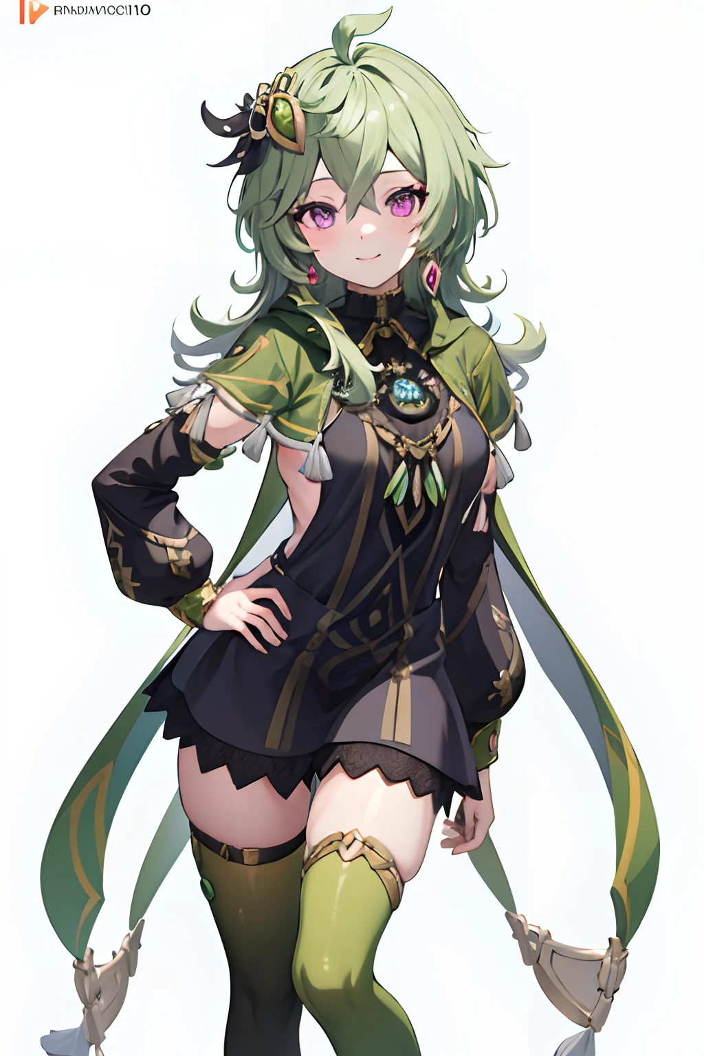 Illustration, UHD, retina, masterpiece, accurate, anatomically correct, super detail, high details, high quality, award winning, best quality, highres, good anatomy, 1080P, HD, 4K, 8k, 16k, 1girl, dynamic pose, androgynous, full body, detailed eyes, detailed clothes, detailed hair, rendering, strands of hair, cute waifu, Collei, smiling, one hand on hip, looking at viewer, white background, green square in background