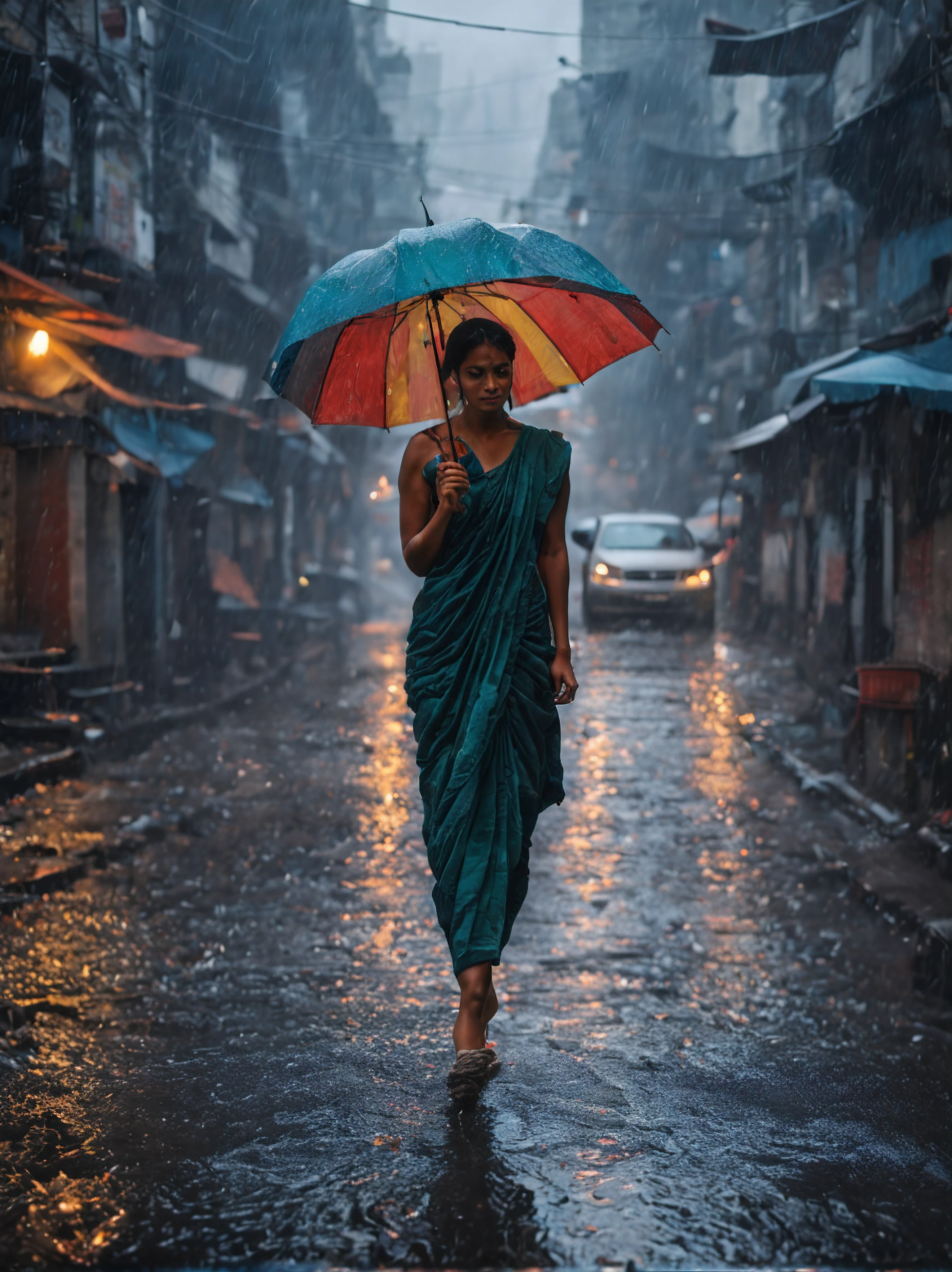 masterpiece, best quality, highly detailed, {{1girl}}, girl wearing saree, outdoors, heavy raining, in the road of Dhaka, (Best quality, 8k, Masterpiece), In a bustling cityscape of Dhaka adorned with towering skyscrapers and neon lights, a young woman 25 years old wearing saree, walks down a rain-soaked road, her steps guided by the rhythm of the falling droplets. Holding a umbrella, she becomes an oasis of color amidst the gray backdrop. The photorealistic scene captures the intricate details of the rain, dark alley, The rain intensifies, transforming the scene into a poetic symphony of water and light. Explore the interplay between the girl's emotions and the atmosphere around her as he navigates this urban rainfall. What stories, memories, or dreams lie beneath her calm exterior? How does the rain's melancholic melody affect her journey? Capture the transient beauty and quiet strength of the woman's solitary walk through the rain-soaked streets, cinematic style, ultra realistic, 8k resolution,