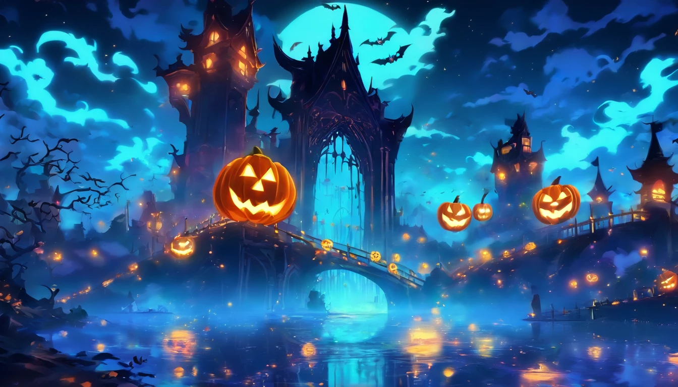 Halloween Floating Lights, Light and reflection in the film, glowing lights, Intermediate elements of the metaverse,Digital Painting, Bright Reflections, reflect, Halloween Jack-o'-lantern, Quiet night, Digital Illustration, lovely atmosphere, Skylight at night, Quiet atmosphere at night, Jack-o'-lantern, Halloween, it is night, Temon, The game scene, Halloween, Surrounded by clouds, New York's Buildings, Enamel Tile, beautifuly color, There are three arches in the foreground((Tinted Ink)), ( (Splashing ink ) ), ((Splashing ink) inky})), tmasterpiece, High career, graphics beautiful, high details,magnifica