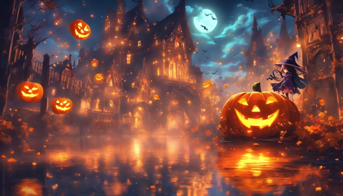 Halloween Floating Lights, Light and reflection in the film, glowing lights, Intermediate elements of the metaverse，Digital Painting, Bright Reflections, reflect, Halloween Jack-o'-lantern, Quiet night, Digital Illustration, lovely atmosphere, Skylight at night, Quiet atmosphere at night, Jack-o'-lantern, Halloween, it is night, Temon, The game scene, Halloween, Surrounded by clouds, New York's Buildings, Enamel Tile,  beautifuly color, There are three arches in the foreground((Tinted Ink)), ( (Splashing ink ) ), ((Splashing ink) inky})), tmasterpiece, High career, graphics beautiful, high details,magnifica