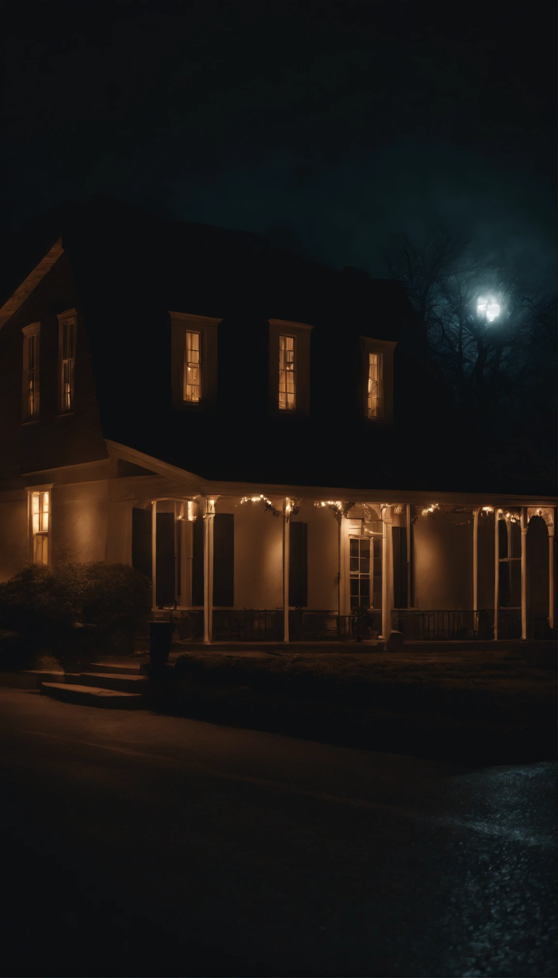 Funeral home at night with lit candles, horror, haunting, gloom, ultra realistic 4k