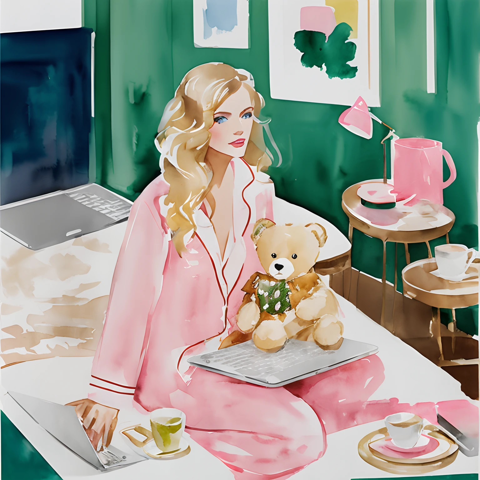 David Downton fashion illustration watercolor, blonde 1woman thin hair, blue eyes, beige pink pajamas, teddy bear, laptop, green tea, cozy room