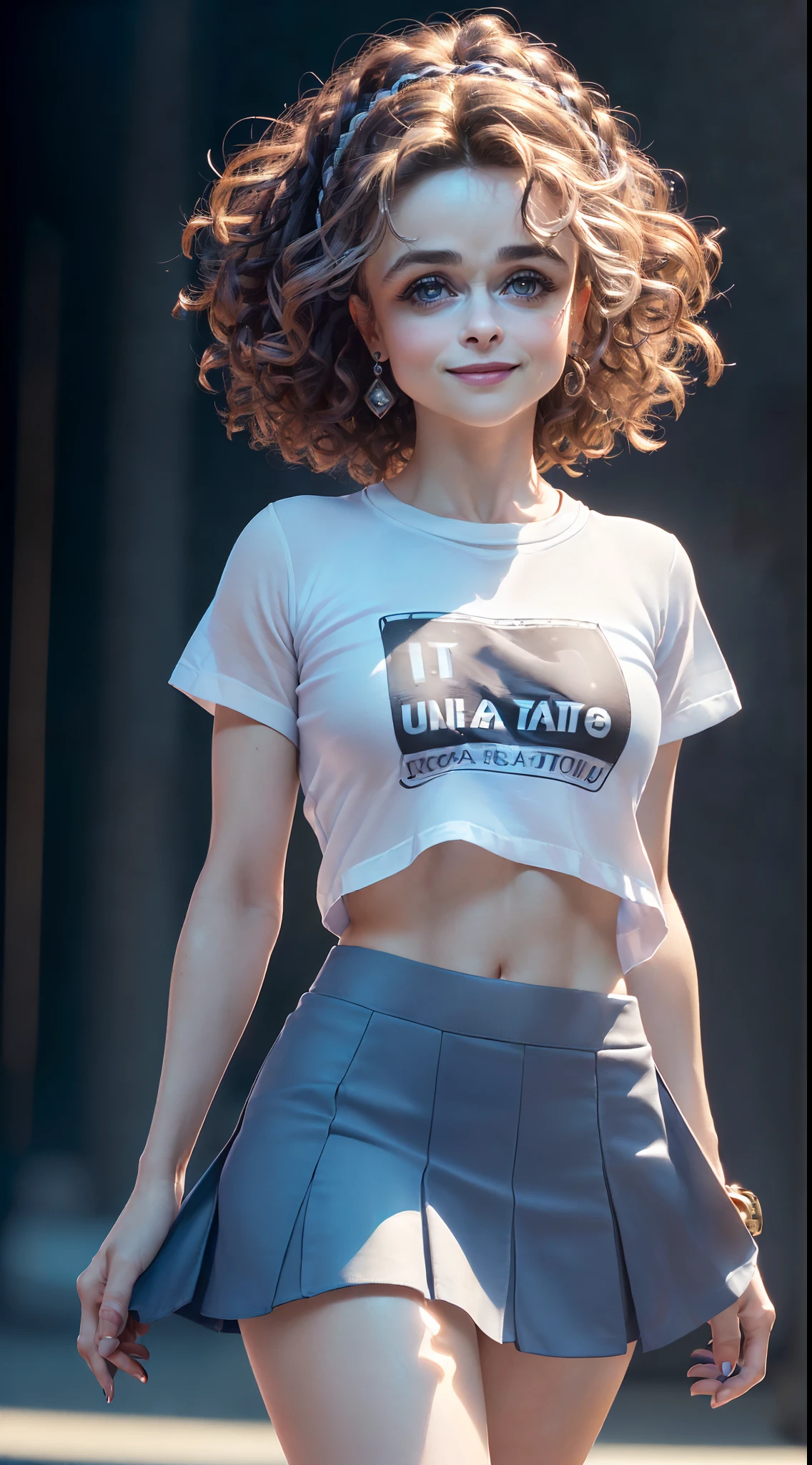 ((front view)), ((ultra high definition)), ((ultra high resolution)), ((full sharpness)), ((maximum quality)), ((Cinematic)), ((8k)), ((Helena Bonham Carter)), ((totally identical)), ((ultra detailed face)), ((extremely beautiful)), ((alone)), ((full body)), ((ultra detailed face)), ((ultra detailed eyes)), ((ultra realist eyes)), ((ultra detailed irises)), ((same irises)), ((perfect irises)), ((perfect body)), ((ultra delicate hands)), ((ultra detailed hands)), ((small hands)), ((ultra detailed fingers)), ((natural lighting)), ((malicious smile)), ((smooth skin)), ((totally ultra realistic)), ((repeat the same face)), ((always the same face)), ((repeat always the same face)), ((always the same body)), ((always the same proportions)), ((flat belly)), ((looking at the camera)), ((wearing mini skirt and t-shirt)), ((nice body))