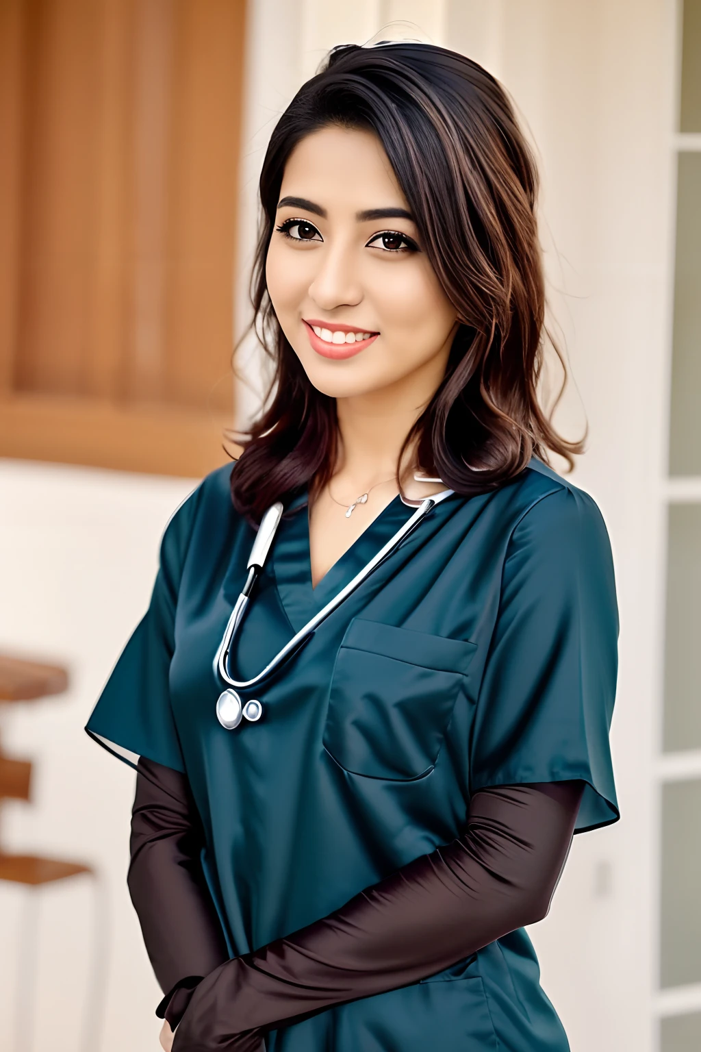 a smile、Arabic, suadi, physician, big breasts, wearing black niqab, large eyeliners, black tall hair.