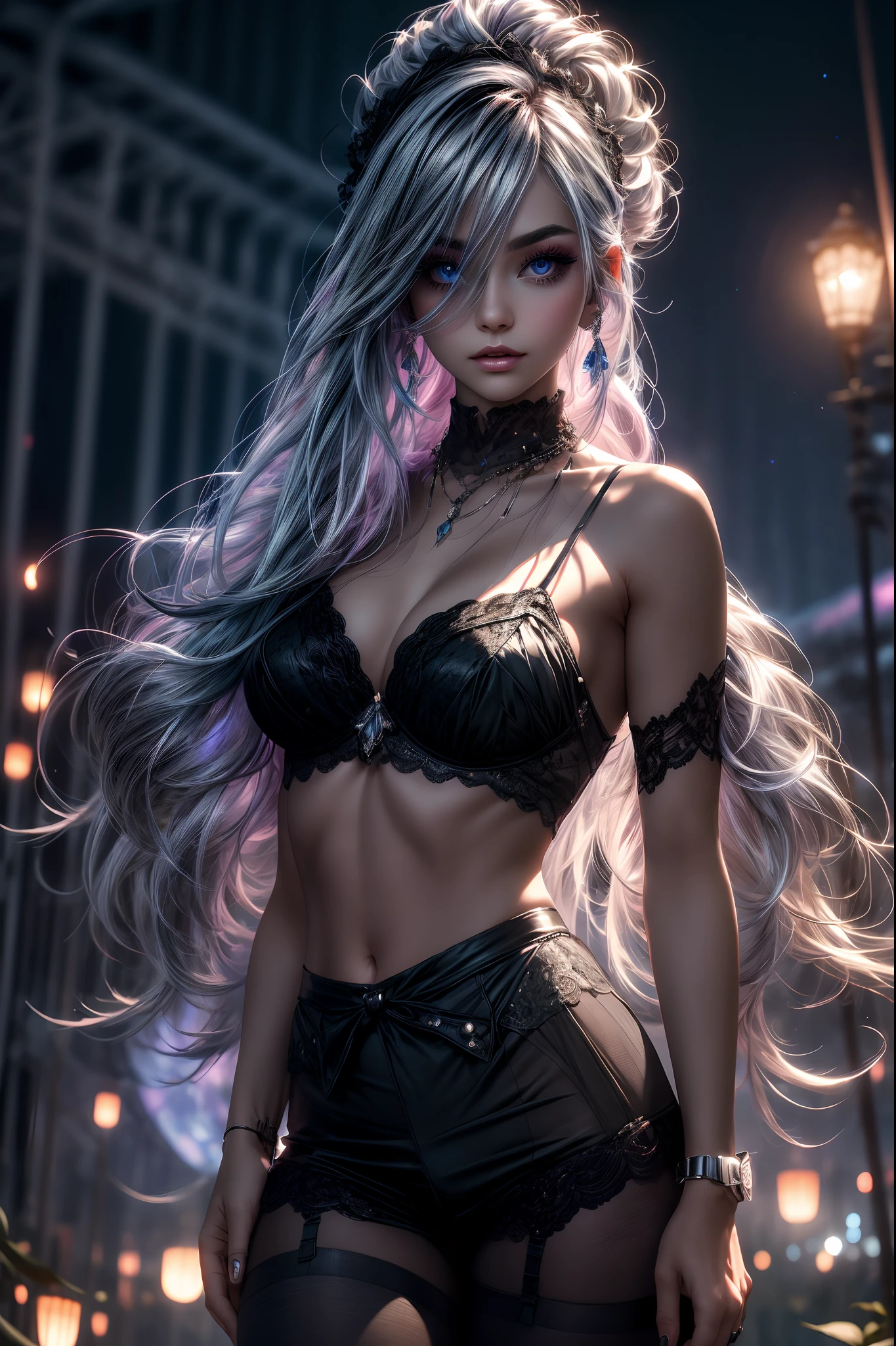 In an eerie moonlit meadow, a cheerful girl with unnatural Pastel Silver hair dons vibrant azure attire emitting an otherworldly glow. She embodies an enigmatic nighttime existence, her allure taking on an intriguing quality. Adorning pink sheer pantyhose shimmering like moonlight, her warm, radiant eyes defy the surrounding darkness. Set under a haunting celestial event, blending surreal aesthetics, this moment is visually captivating and thought-provoking. Her transformed attributes enhance her magnetic allure. Her body is elegantly framed from the knees up, capturing the enigmatic beauty of this otherworldly night.