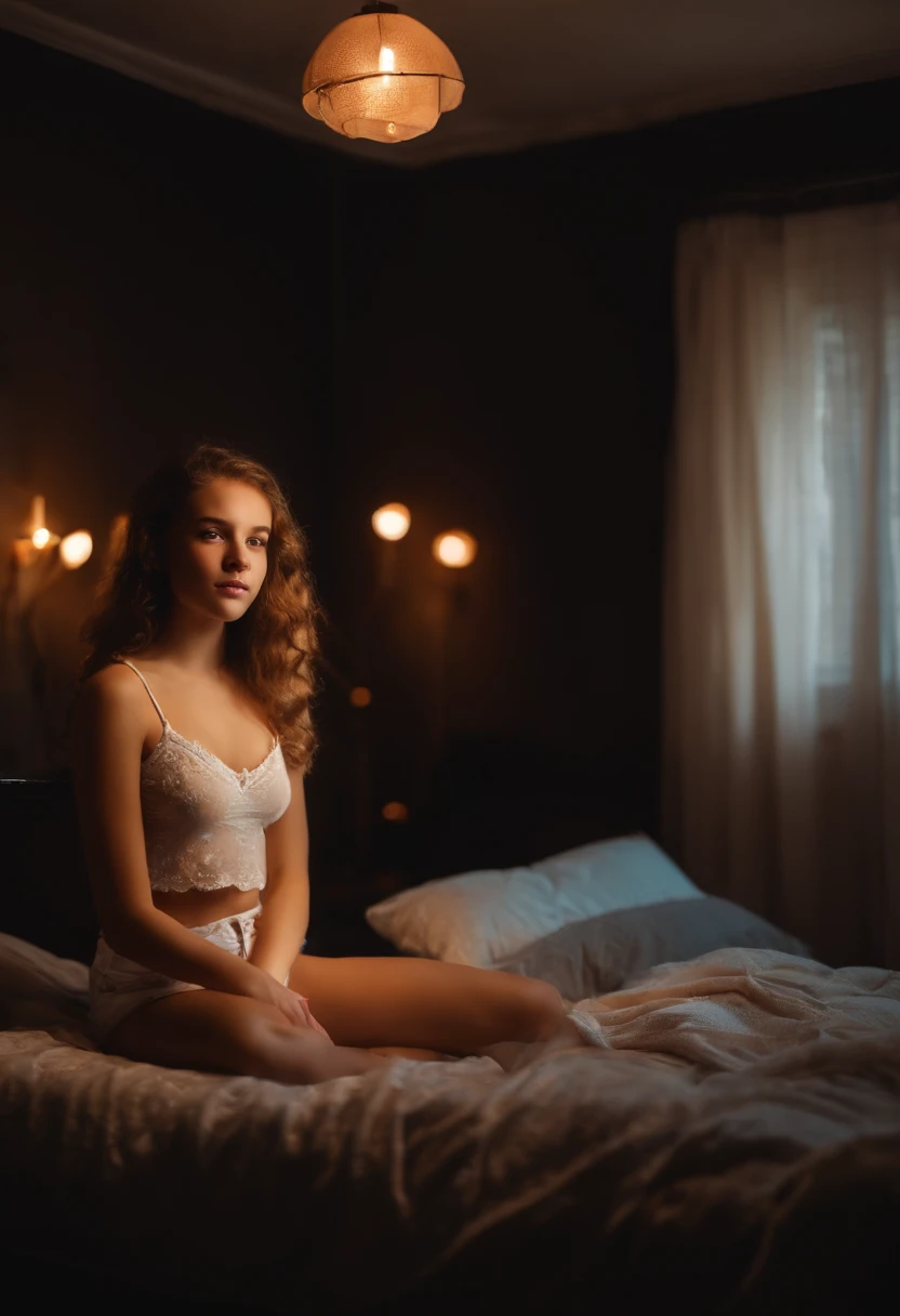 Portrait of a cute 15-year-old teenage girl with a perfect, beautiful face, russisch, in panties, im Bett ????? (dunkles privates Arbeitszimmer, dunkles, stimmungsvolles Licht: 1,2)