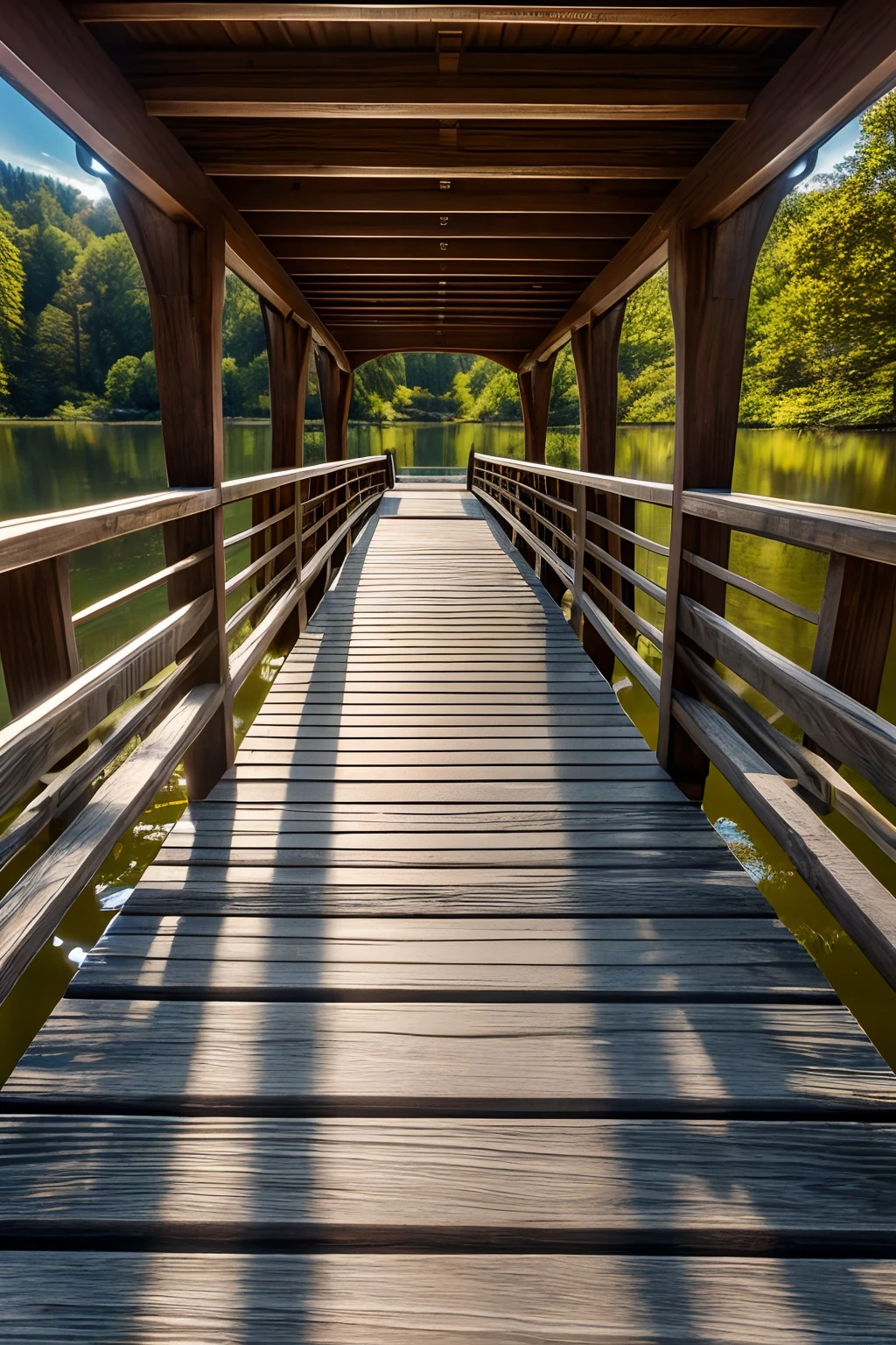 Highly detailed close up of a wooden bridge leading to a beautiful clear blue lake, clear photography, sun shining onto the lake, photorealistic, art station, soft pastel colours, highly detailed, intricate, path tracing, illustration, insanely detailed, shadow mapping volumetric light, specular lighting
