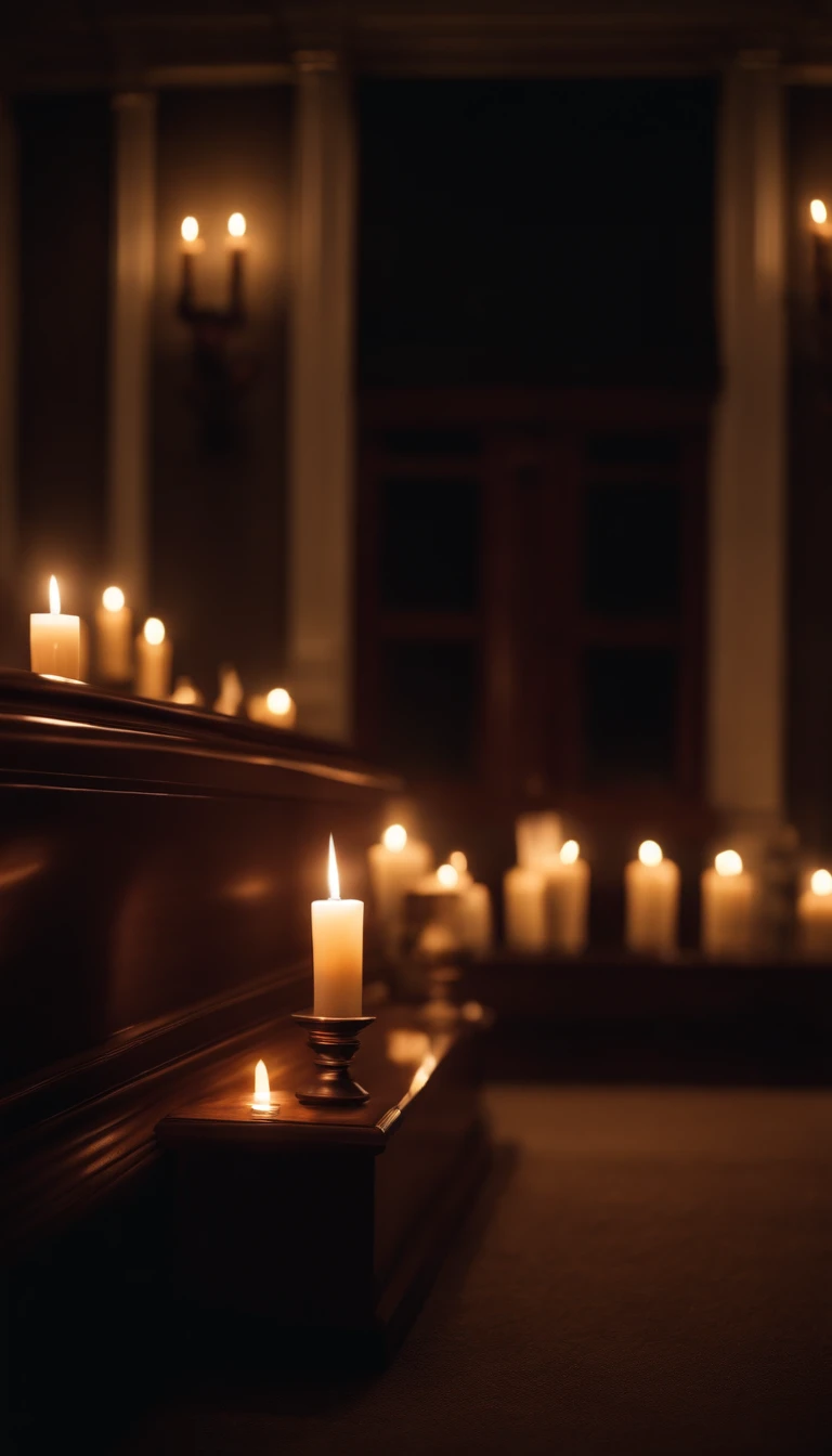interior of a funeral home at night with lit candles, coffin with bodies, horror, haunting, gloom, ultra realistic 4k