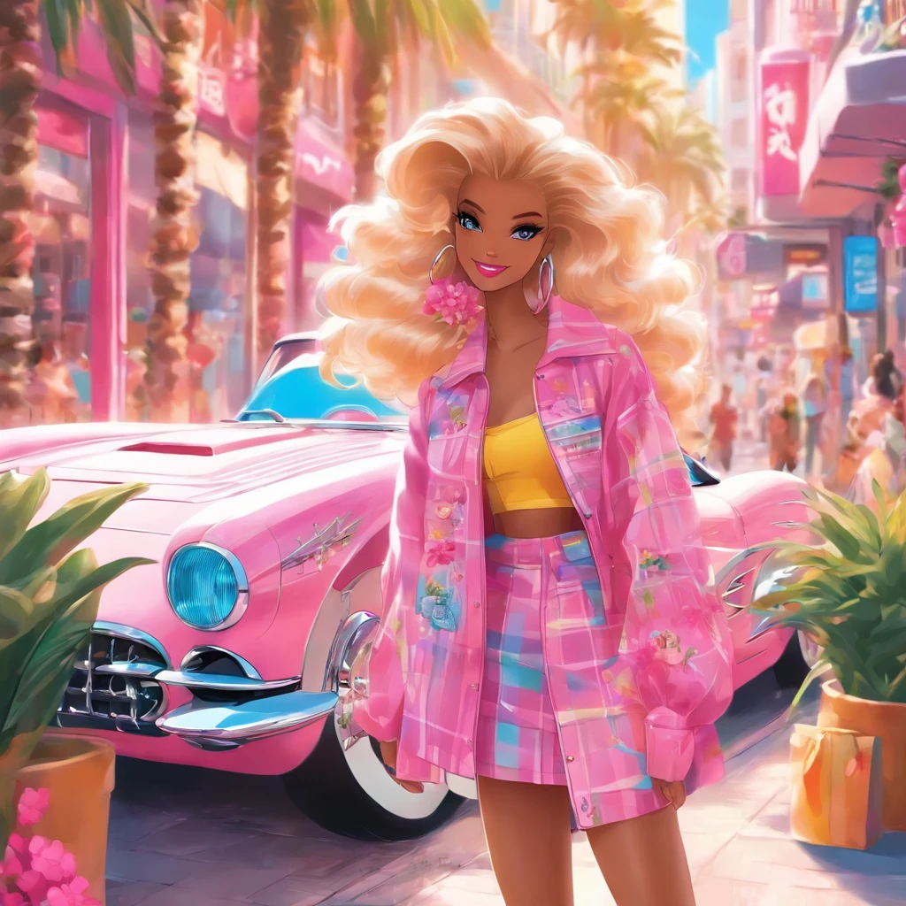 Make another scene with the same style, Barbie is now outside the perfume shop, Now she's holding a perfume shop bag, She was about to get in the car, Her car is a C1 Corvette, Pink and white, C1 Corvette, She wore a pink and white plaid dress,The background shows a city with 80 states, There are palm trees and a lot of pink flowers.