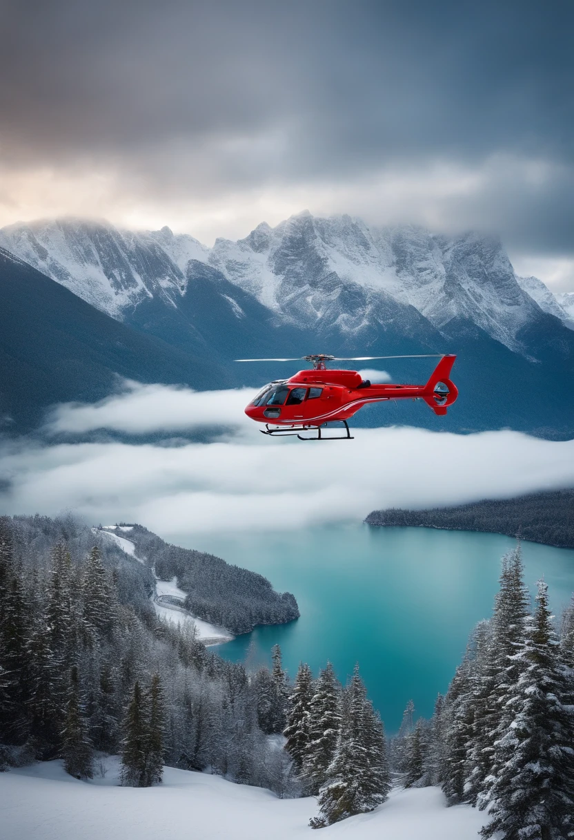 Mountain peaks, snowing, Mountain lake, flying red helicopter Robinson
